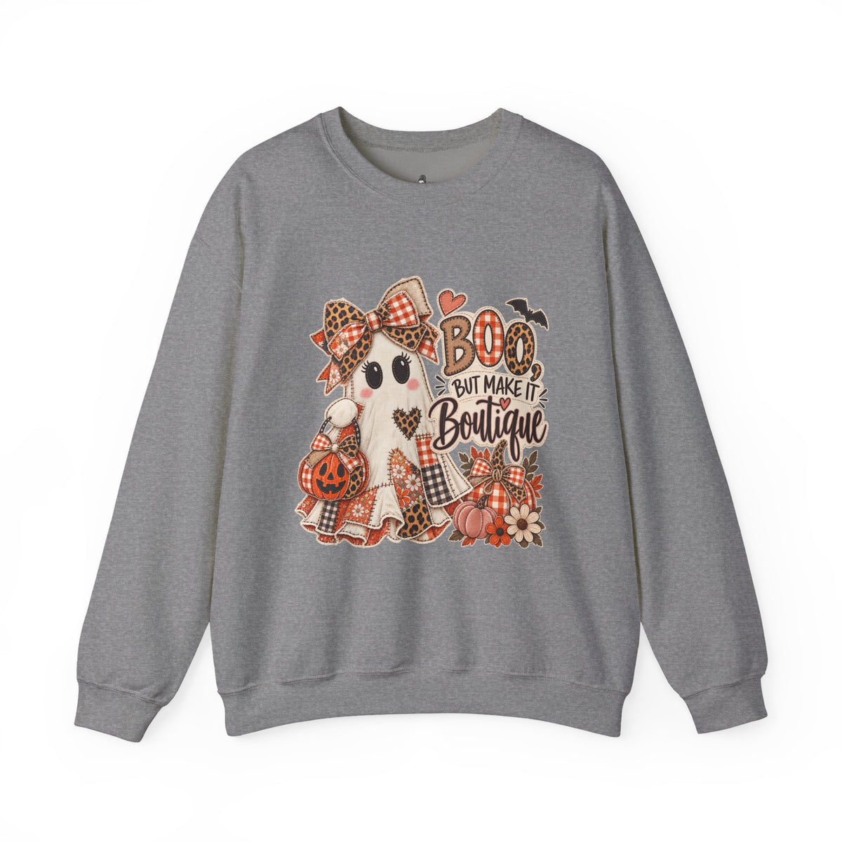 Boo But Make It Boutique | Premium Boutique Crewneck Sweatshirt Halloween Patchwork Ghost Graphic Cute Fall Bow Spooky Top