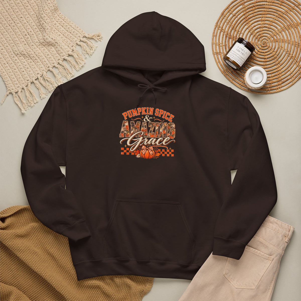 Pumpkin Spice And Amazing Grace | Premium Boutique Pullover Hoodie Fall Christian Faith Graphic Autumn Pumpkin Inspirational Top