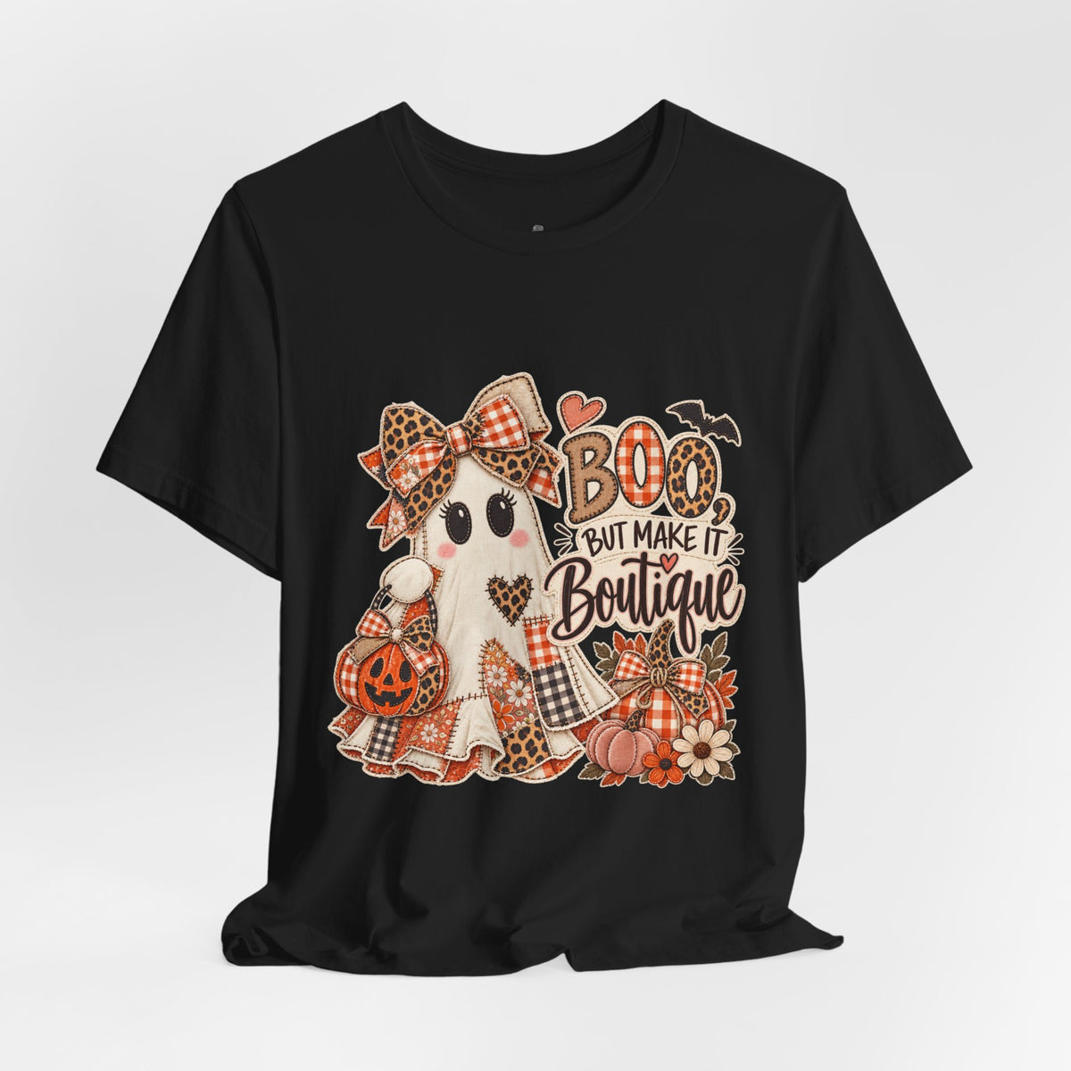 Boo But Make It Boutique | Premium Boutique Unisex T-Shirt Halloween Patchwork Ghost Graphic Cute Fall Bow Spooky Top