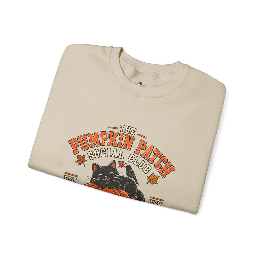 The Pumpkin Patch Social Club | Premium Boutique Crewneck Sweatshirt Fall Vintage Black Cat Halloween Graphic Autumn Pumpkin Top