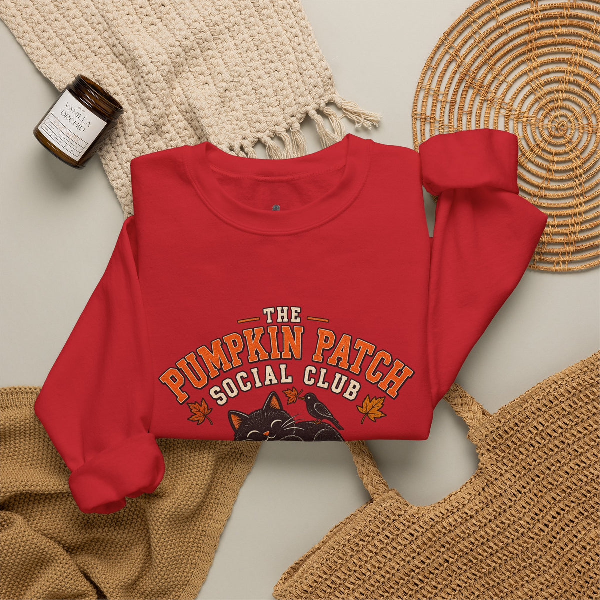 The Pumpkin Patch Social Club | Premium Boutique Crewneck Sweatshirt Fall Vintage Black Cat Halloween Graphic Autumn Pumpkin Top