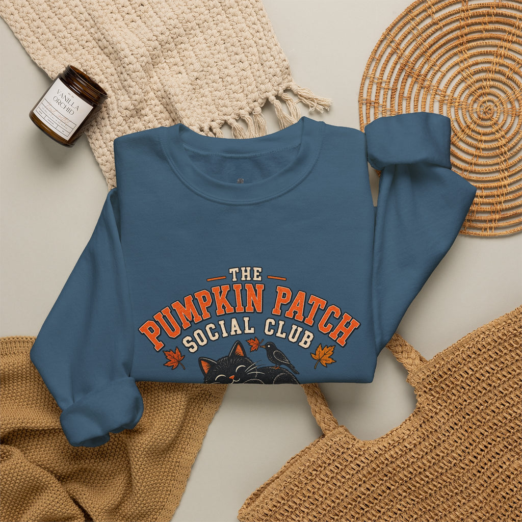 The Pumpkin Patch Social Club | Premium Boutique Crewneck Sweatshirt Fall Vintage Black Cat Halloween Graphic Autumn Pumpkin Top