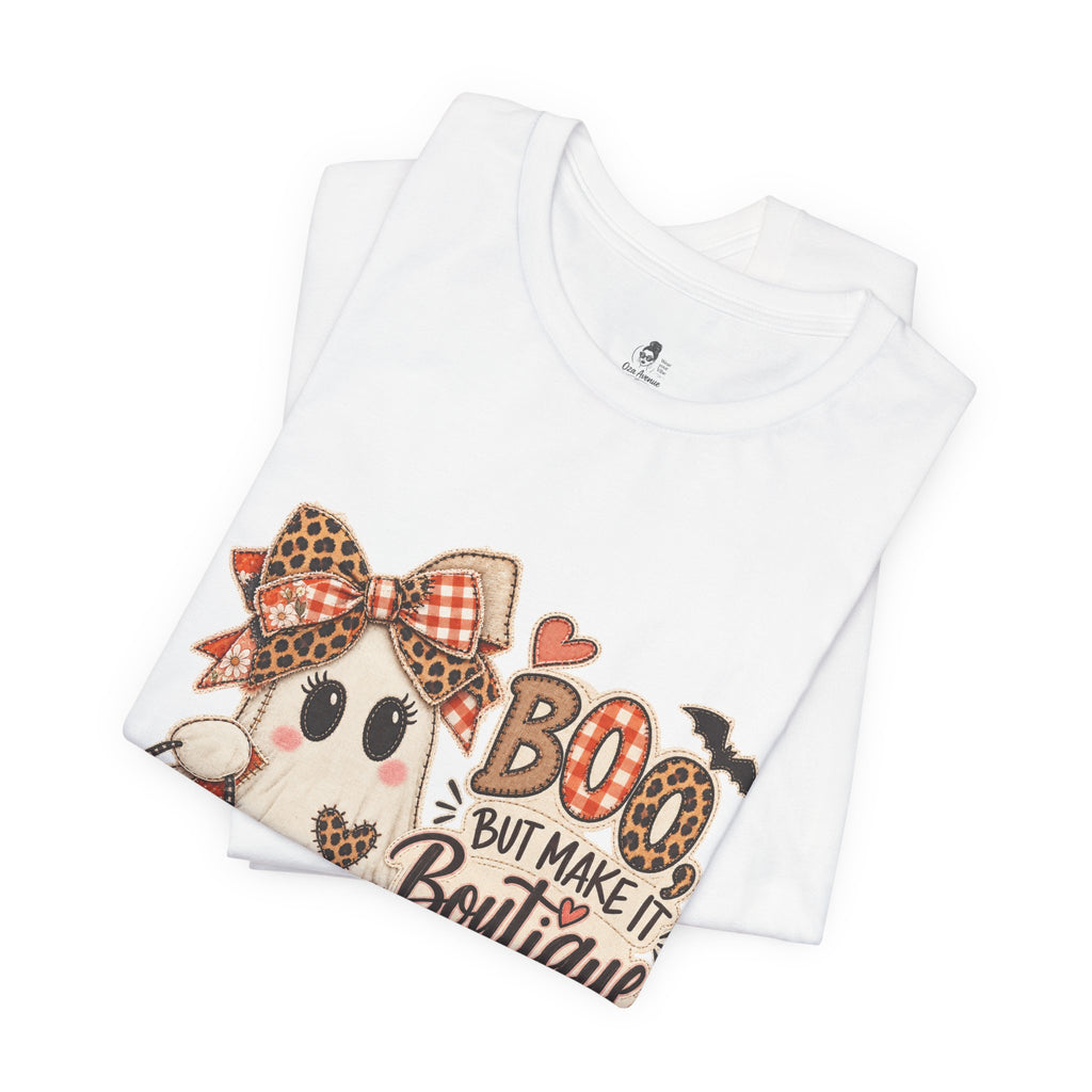 Boo But Make It Boutique | Premium Boutique Unisex T-Shirt Halloween Patchwork Ghost Graphic Cute Fall Bow Spooky Top