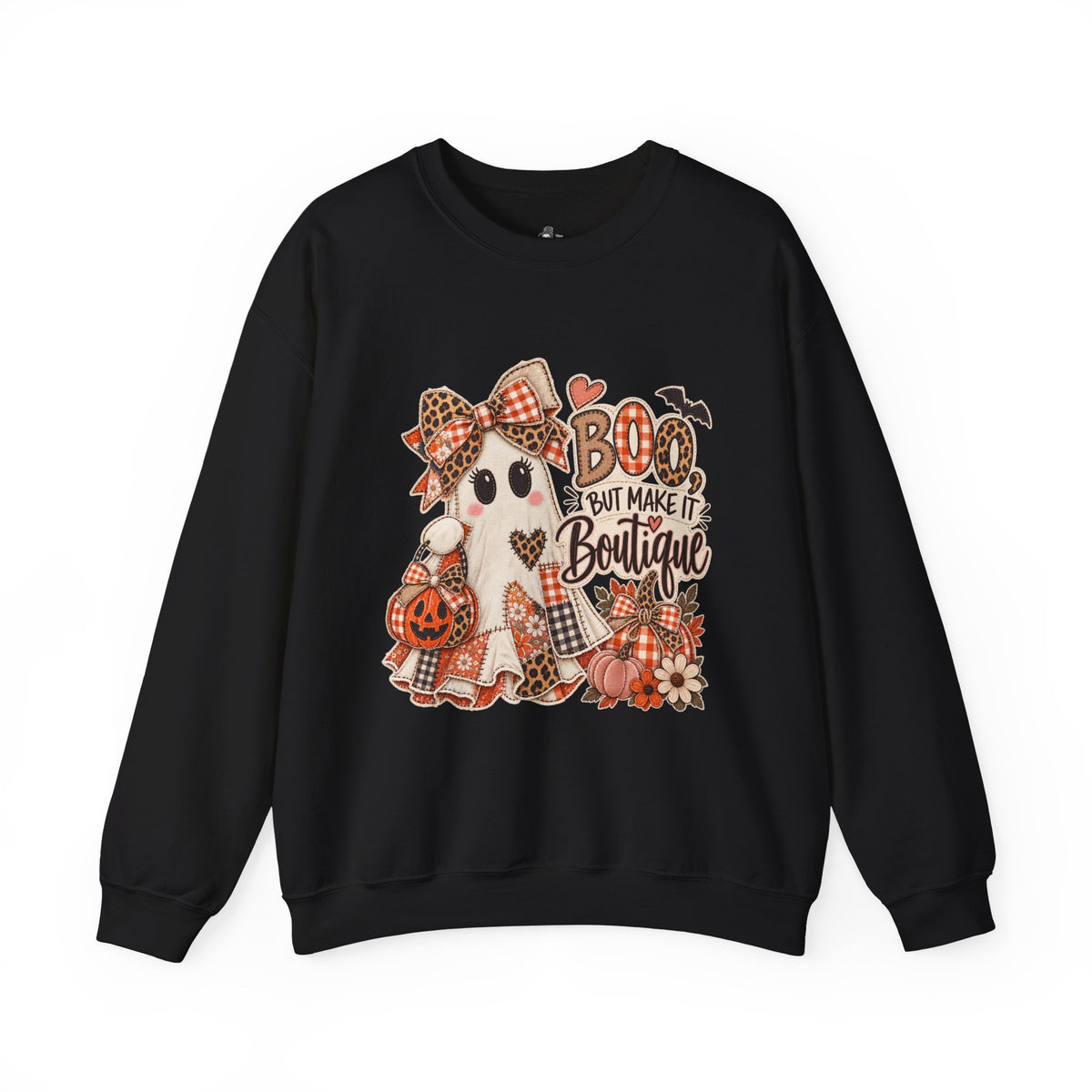 Boo But Make It Boutique | Premium Boutique Crewneck Sweatshirt Halloween Patchwork Ghost Graphic Cute Fall Bow Spooky Top
