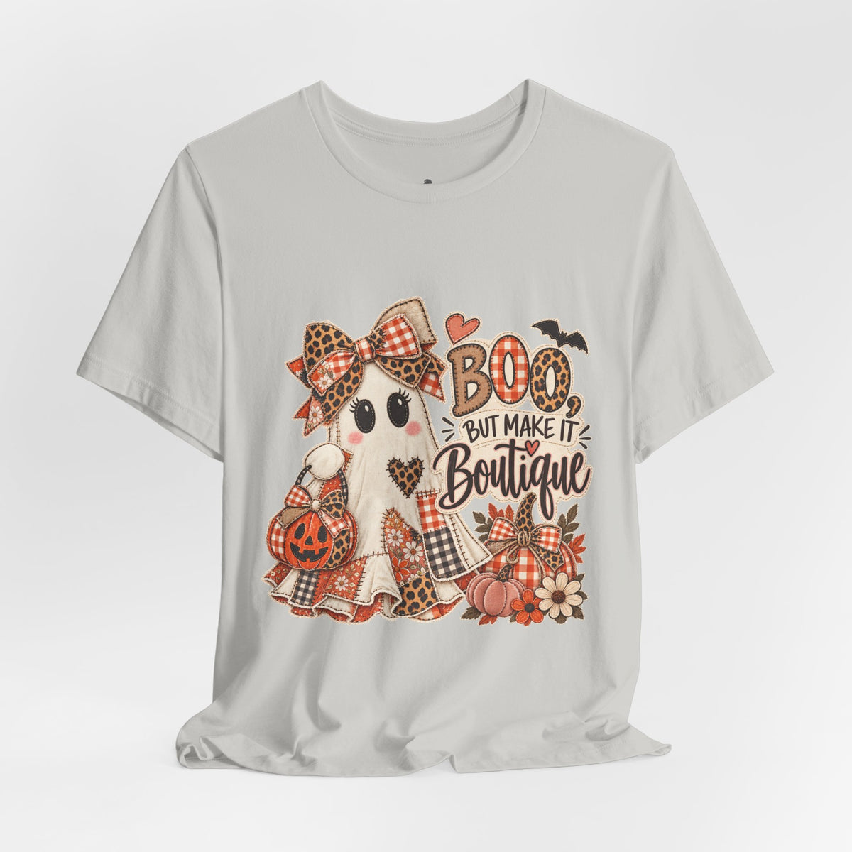 Boo But Make It Boutique | Premium Boutique Unisex T-Shirt Halloween Patchwork Ghost Graphic Cute Fall Bow Spooky Top