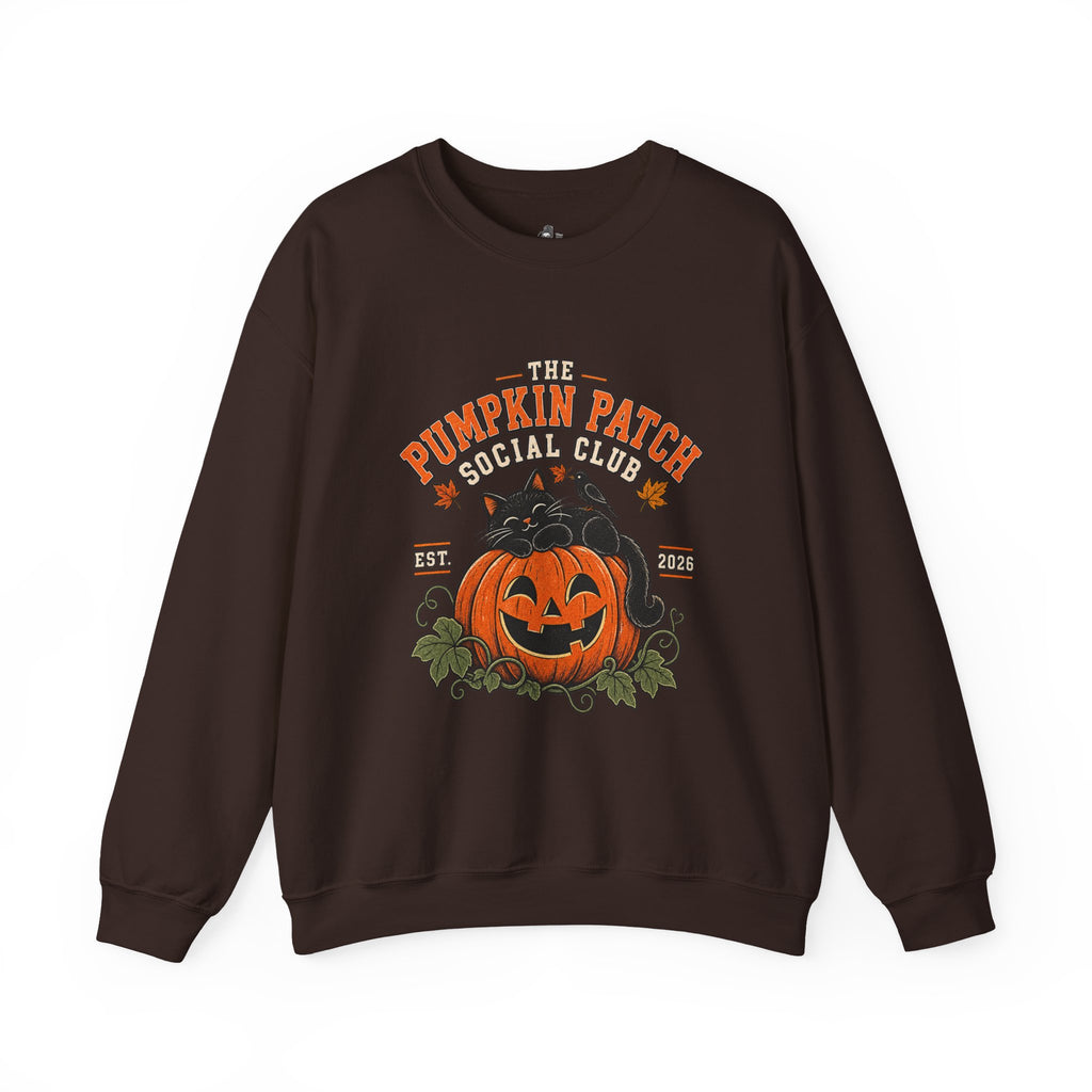 The Pumpkin Patch Social Club | Premium Boutique Crewneck Sweatshirt Fall Vintage Black Cat Halloween Graphic Autumn Pumpkin Top