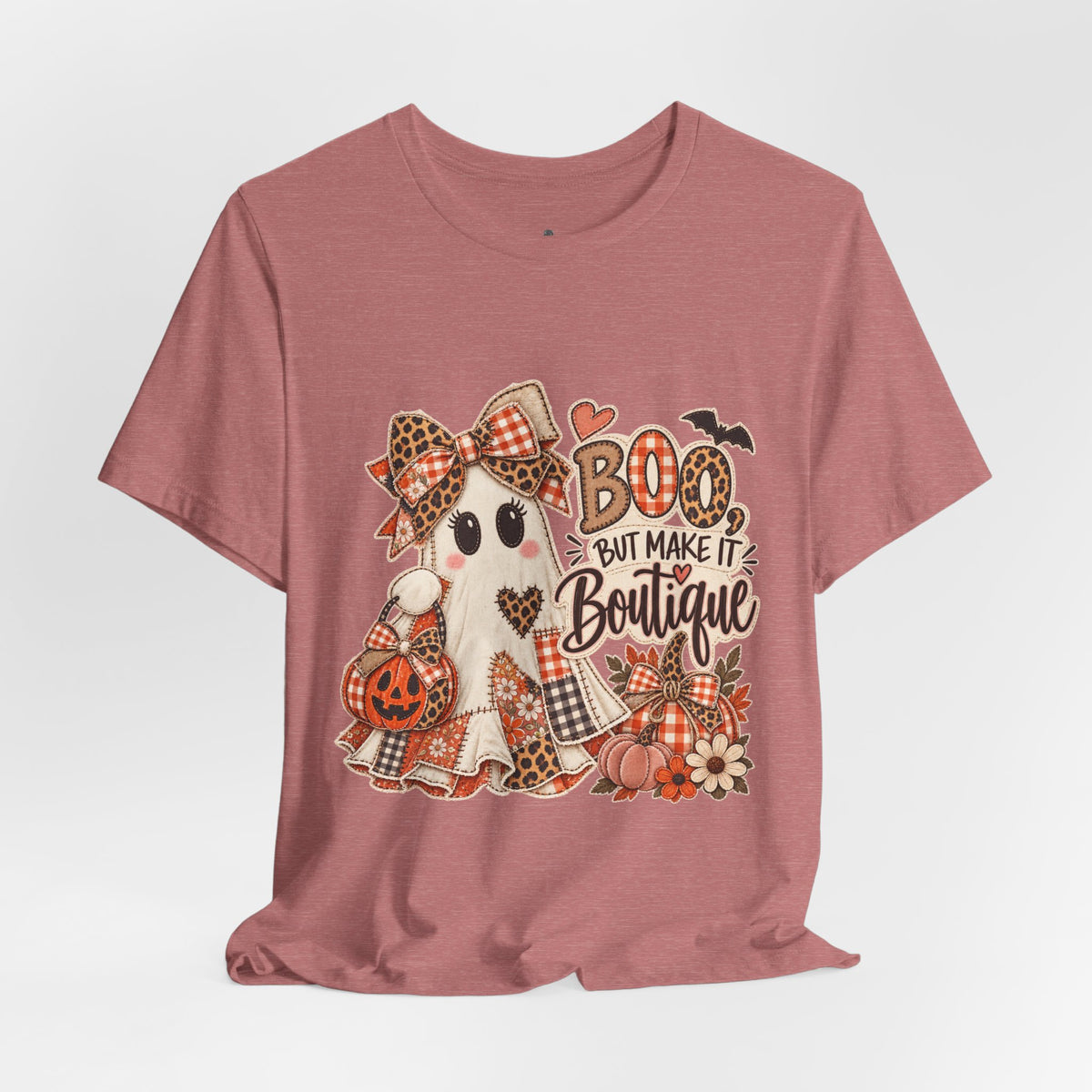 Boo But Make It Boutique | Premium Boutique Unisex T-Shirt Halloween Patchwork Ghost Graphic Cute Fall Bow Spooky Top