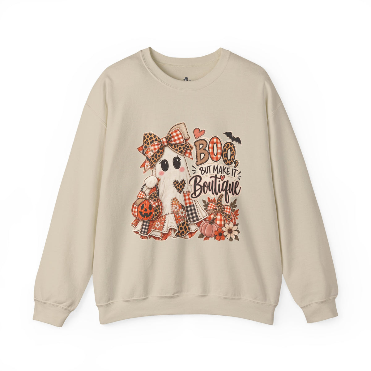 Boo But Make It Boutique | Premium Boutique Crewneck Sweatshirt Halloween Patchwork Ghost Graphic Cute Fall Bow Spooky Top
