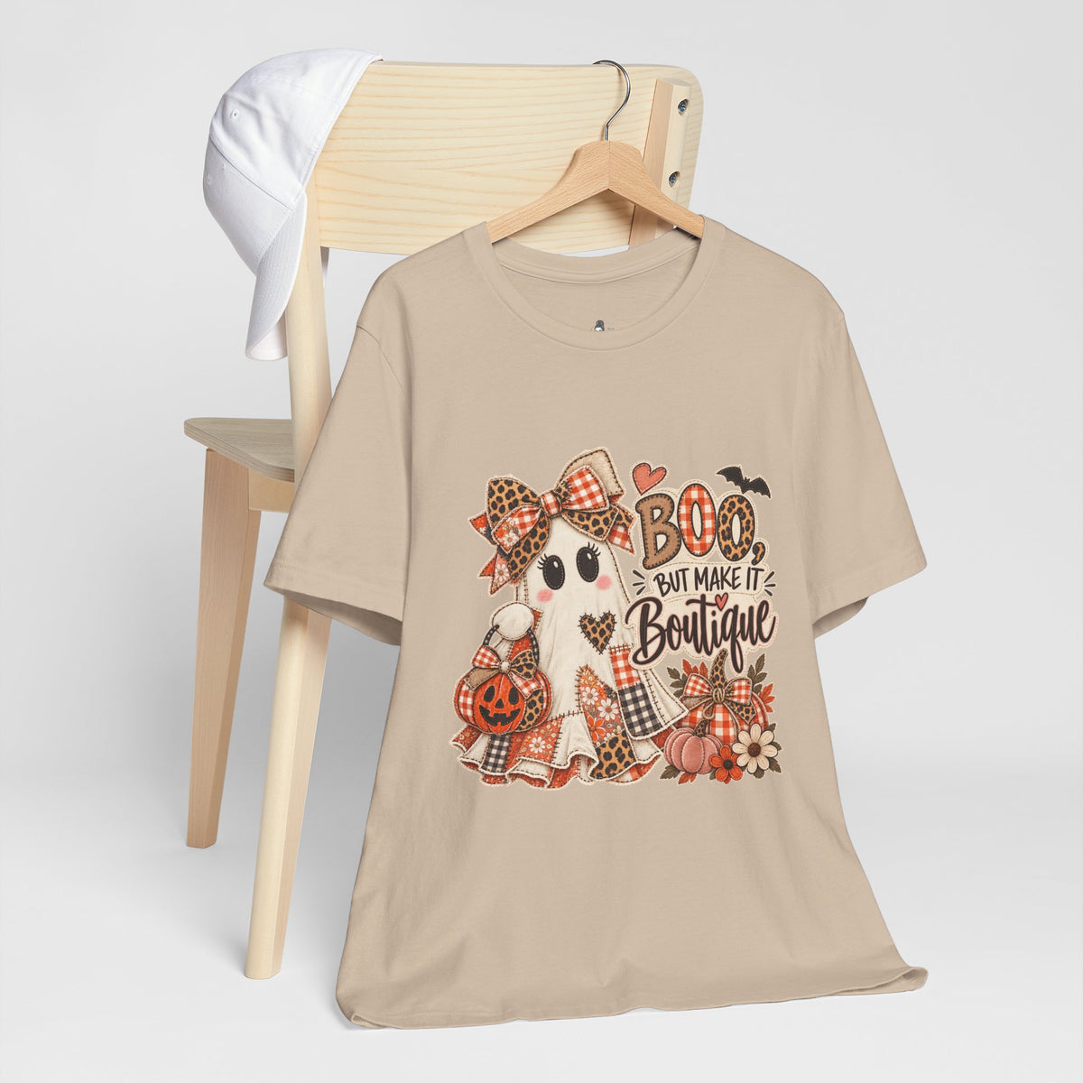 Boo But Make It Boutique | Premium Boutique Unisex T-Shirt Halloween Patchwork Ghost Graphic Cute Fall Bow Spooky Top