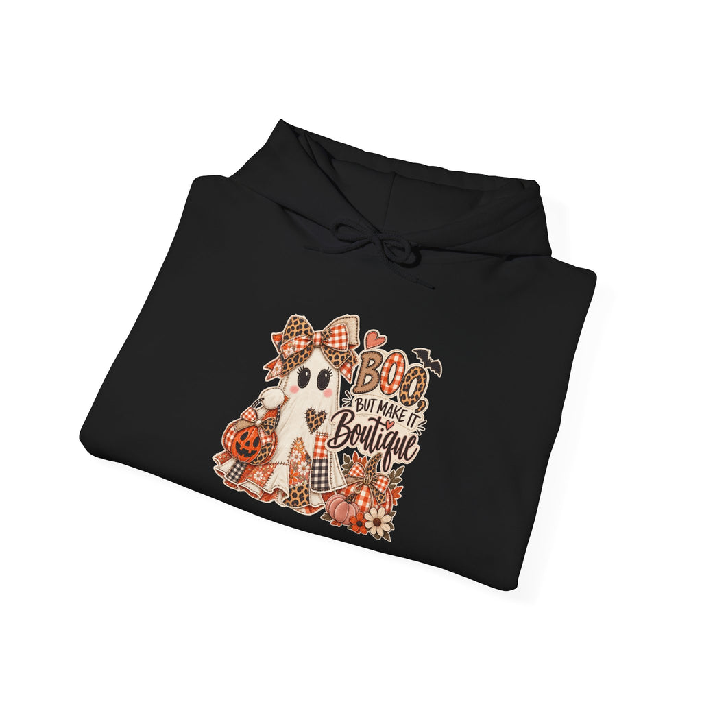Boo But Make It Boutique | Premium Boutique Pullover Hoodie Halloween Patchwork Ghost Graphic Cute Fall Bow Spooky Top
