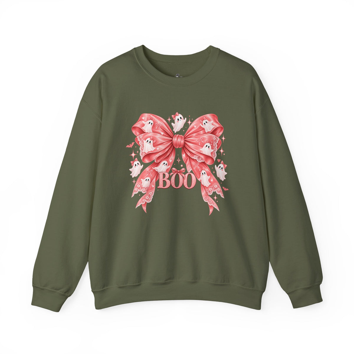 Boo | Premium Boutique Crewneck Sweatshirt Halloween Pink Ghost Bow Graphic Feminine Spooky Fashion Top