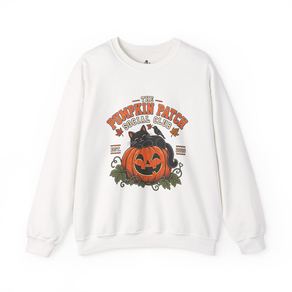 The Pumpkin Patch Social Club | Premium Boutique Crewneck Sweatshirt Fall Vintage Black Cat Halloween Graphic Autumn Pumpkin Top