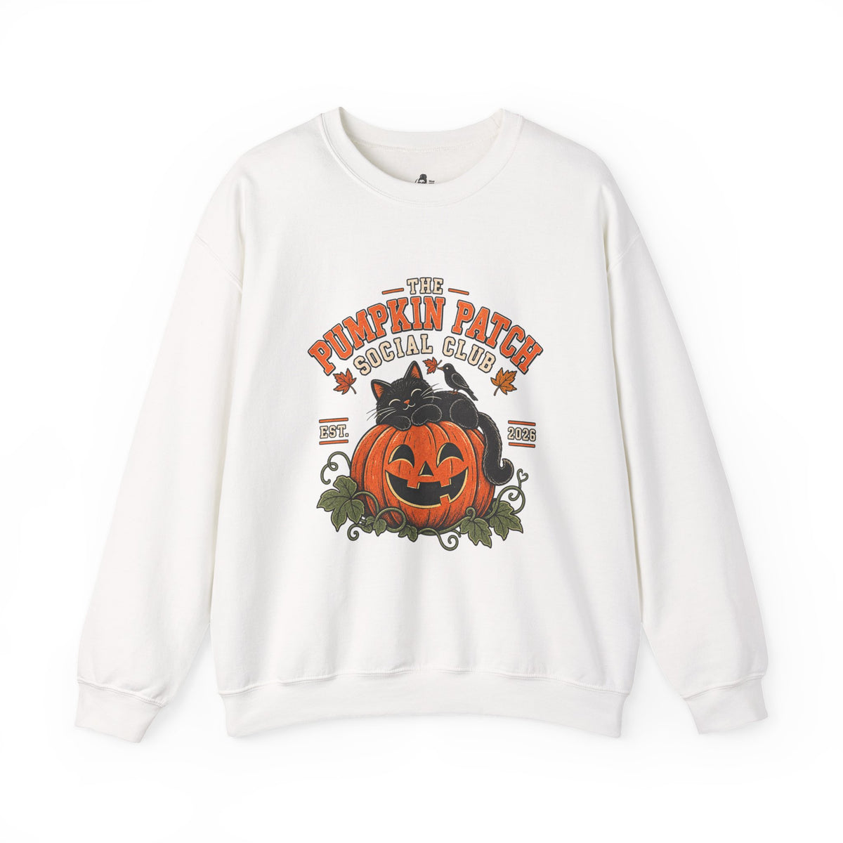 The Pumpkin Patch Social Club | Premium Boutique Crewneck Sweatshirt Fall Vintage Black Cat Halloween Graphic Autumn Pumpkin Top