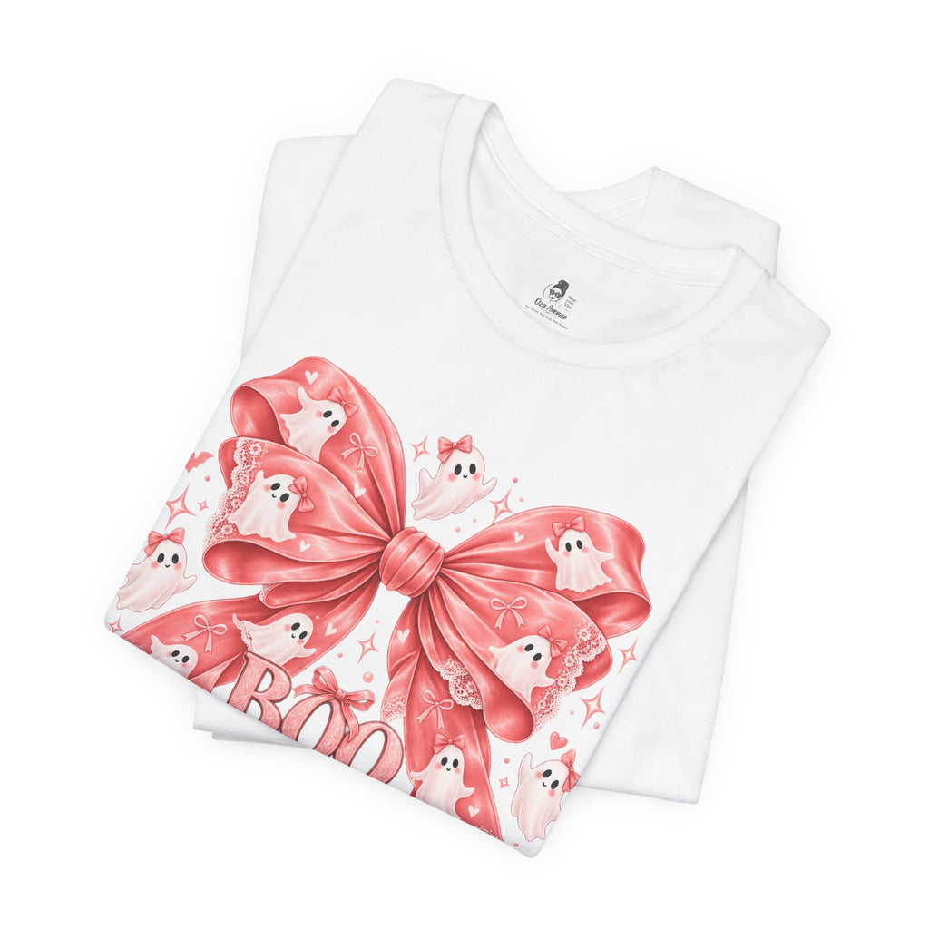 Boo | Premium Boutique Unisex T-Shirt Halloween Pink Ghost Bow Graphic Feminine Spooky Fashion Top