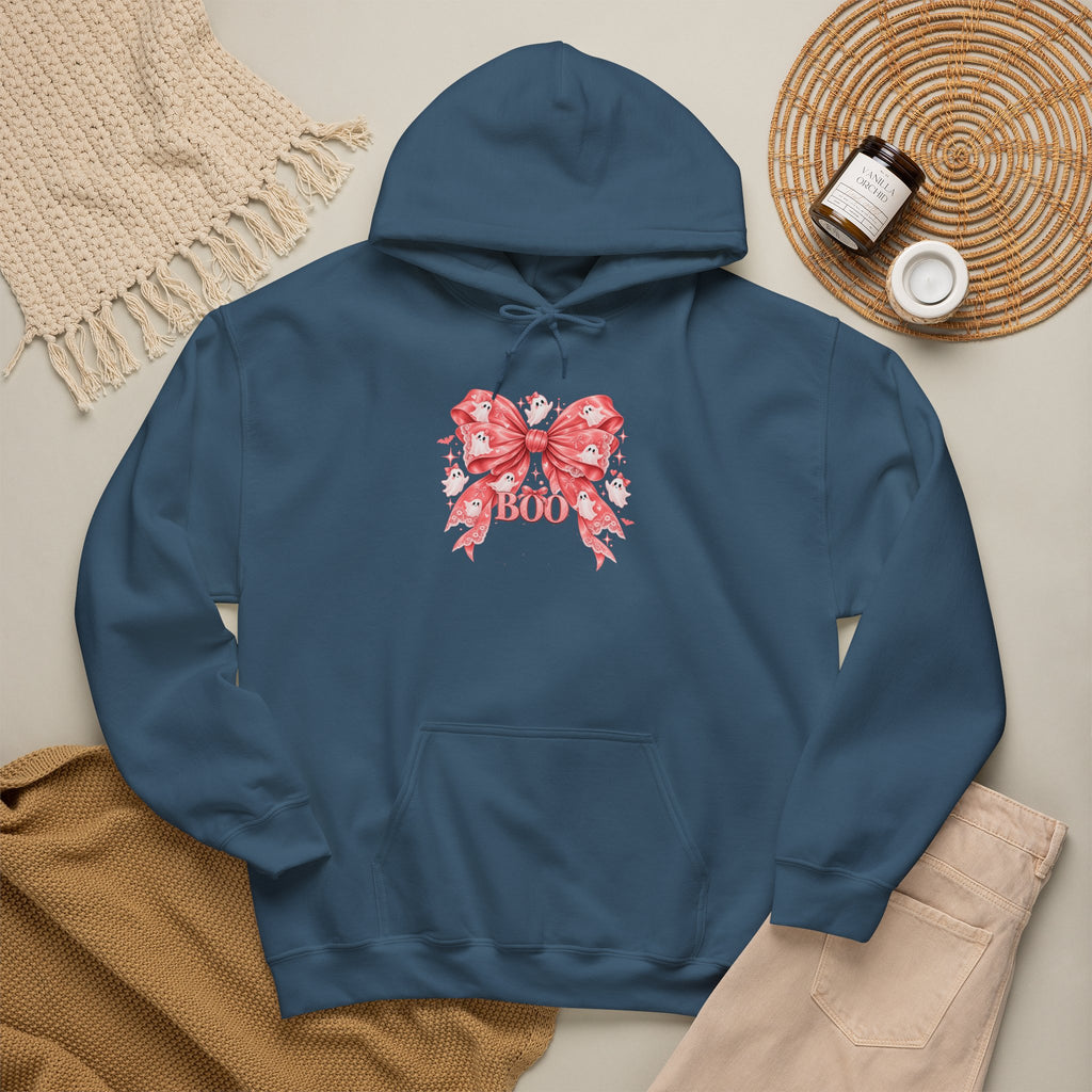 Boo | Premium Boutique Pullover Hoodie Halloween Pink Ghost Bow Graphic Feminine Spooky Fashion Top