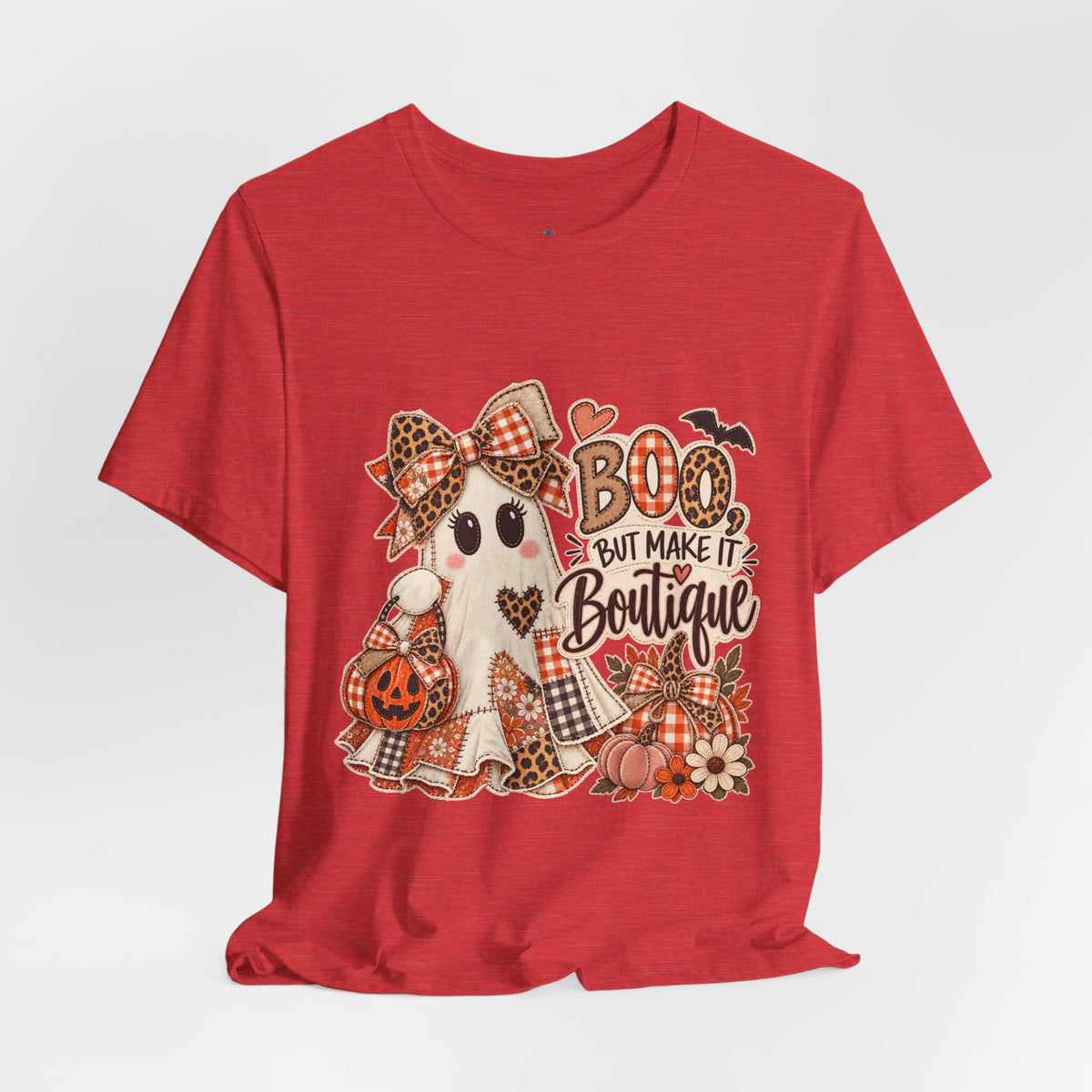 Boo But Make It Boutique | Premium Boutique Unisex T-Shirt Halloween Patchwork Ghost Graphic Cute Fall Bow Spooky Top