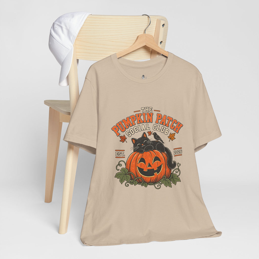 The Pumpkin Patch Social Club | Premium Boutique Unisex T-Shirt Fall Vintage Black Cat Halloween Graphic Autumn Pumpkin Top