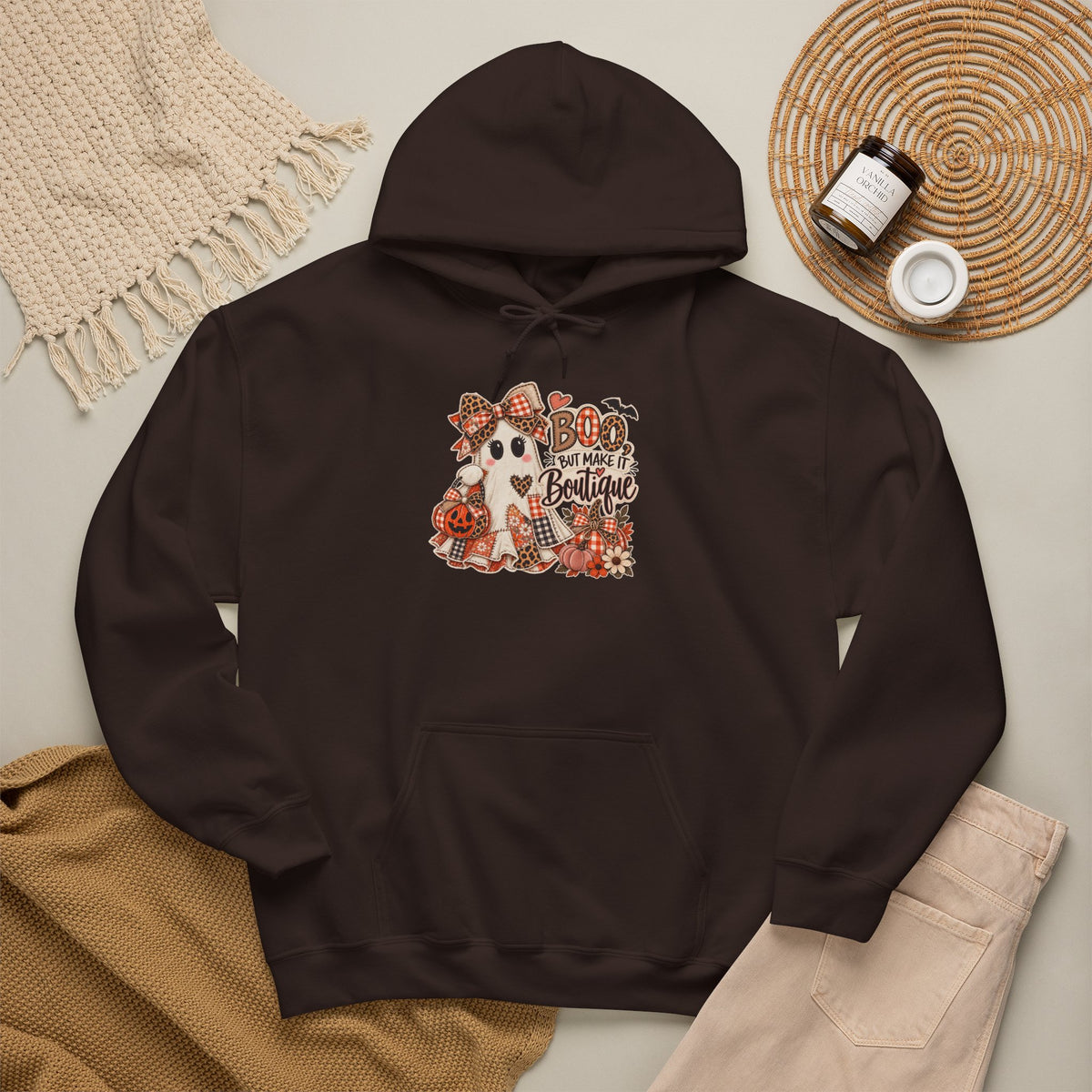 Boo But Make It Boutique | Premium Boutique Pullover Hoodie Halloween Patchwork Ghost Graphic Cute Fall Bow Spooky Top