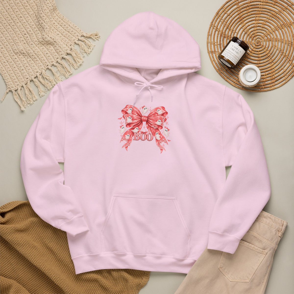 Boo | Premium Boutique Pullover Hoodie Halloween Pink Ghost Bow Graphic Feminine Spooky Fashion Top
