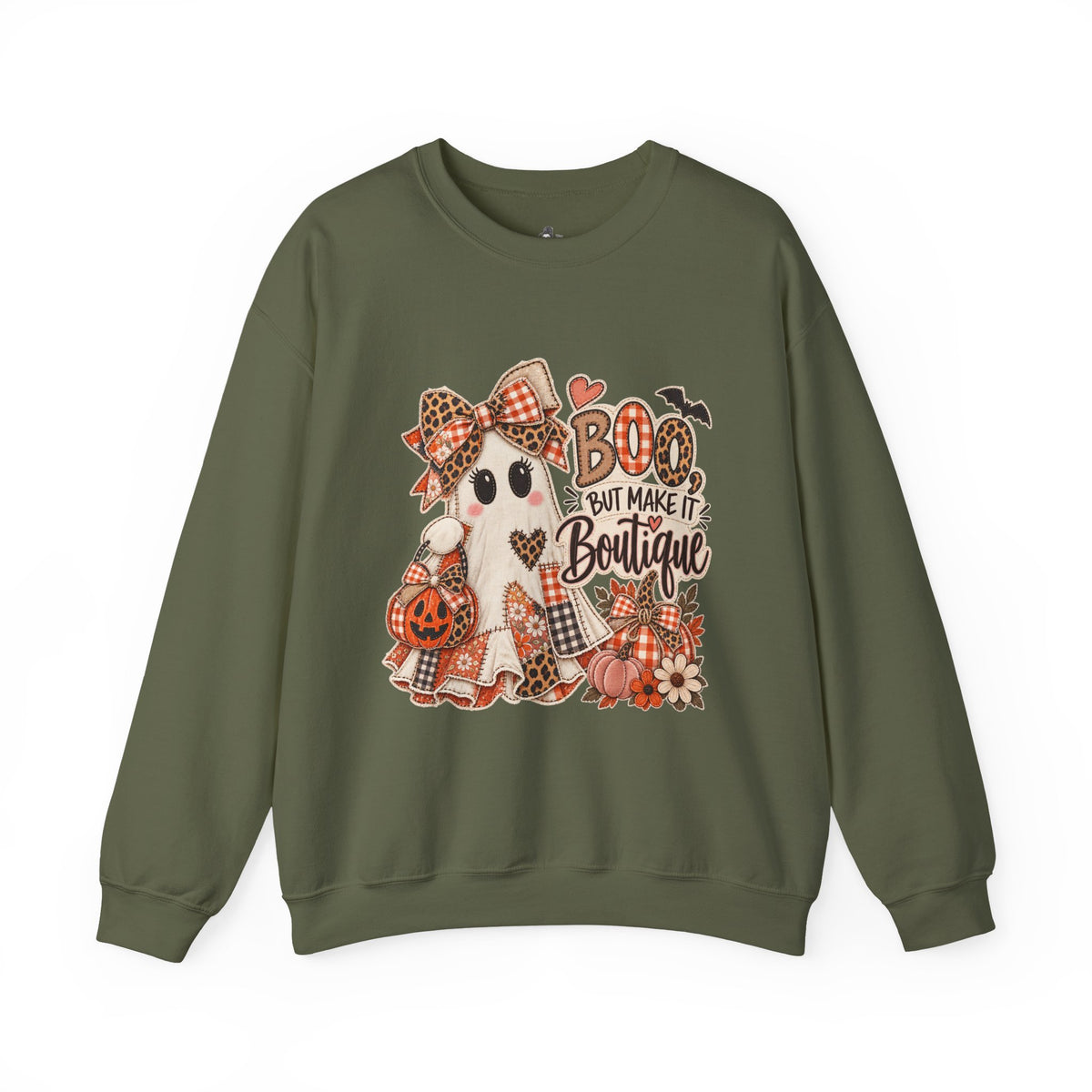 Boo But Make It Boutique | Premium Boutique Crewneck Sweatshirt Halloween Patchwork Ghost Graphic Cute Fall Bow Spooky Top