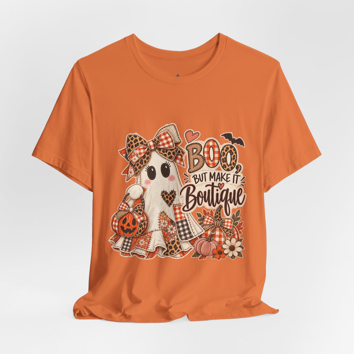 Boo But Make It Boutique | Premium Boutique Unisex T-Shirt Halloween Patchwork Ghost Graphic Cute Fall Bow Spooky Top