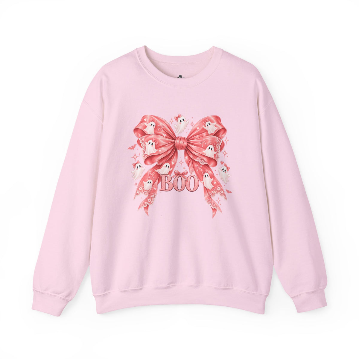 Boo | Premium Boutique Crewneck Sweatshirt Halloween Pink Ghost Bow Graphic Feminine Spooky Fashion Top