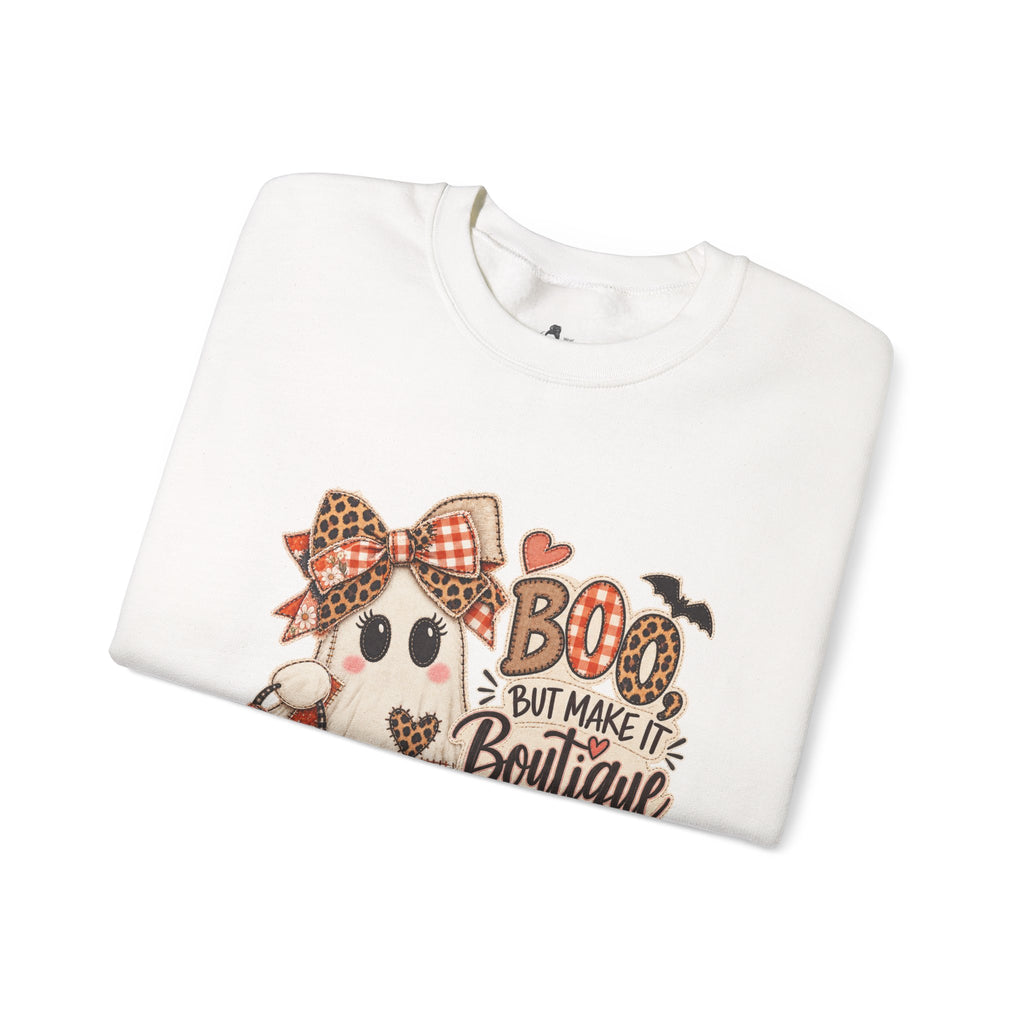 Boo But Make It Boutique | Premium Boutique Crewneck Sweatshirt Halloween Patchwork Ghost Graphic Cute Fall Bow Spooky Top