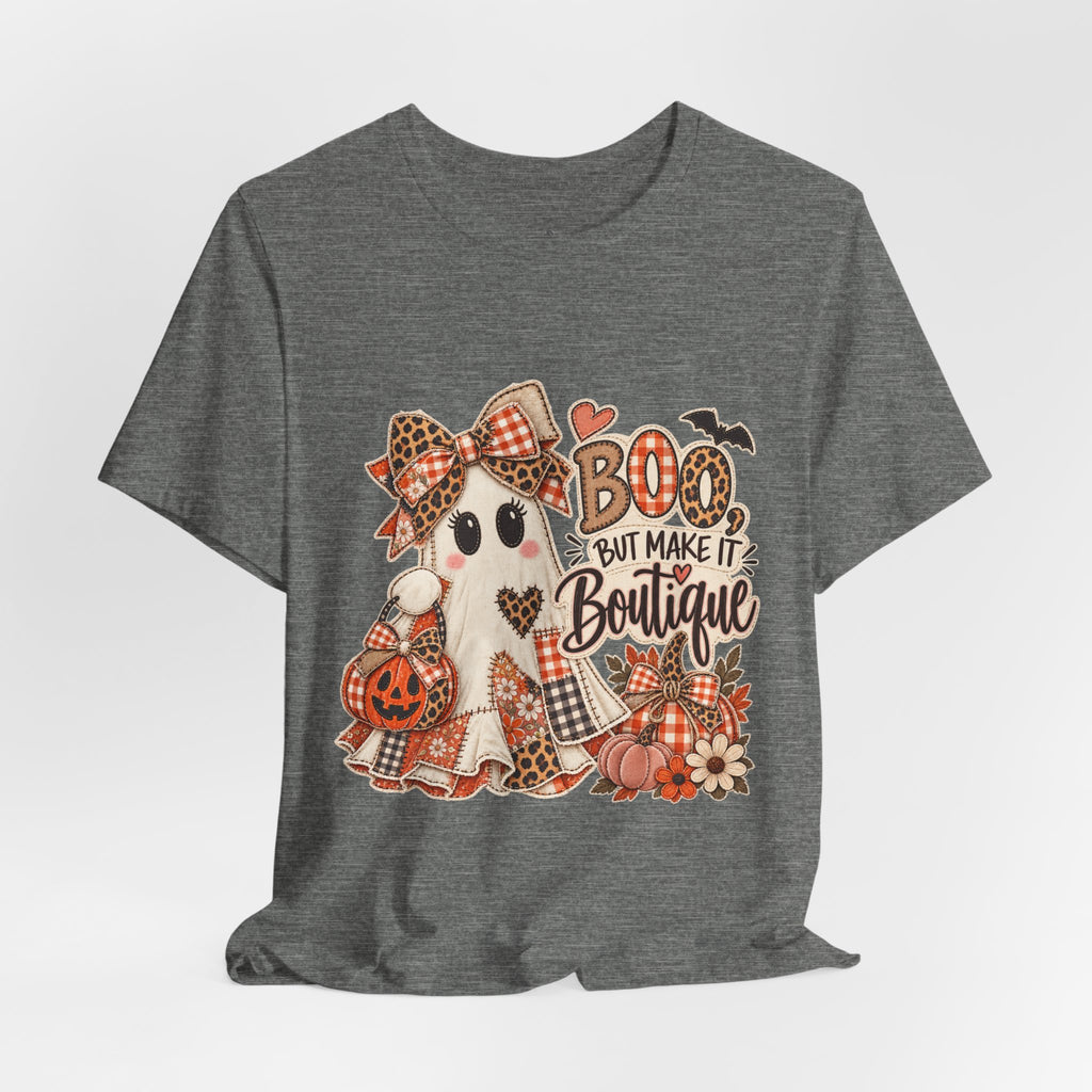 Boo But Make It Boutique | Premium Boutique Unisex T-Shirt Halloween Patchwork Ghost Graphic Cute Fall Bow Spooky Top