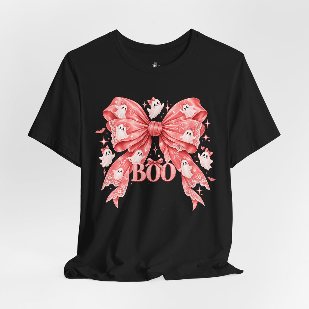 Boo | Premium Boutique Unisex T-Shirt Halloween Pink Ghost Bow Graphic Feminine Spooky Fashion Top
