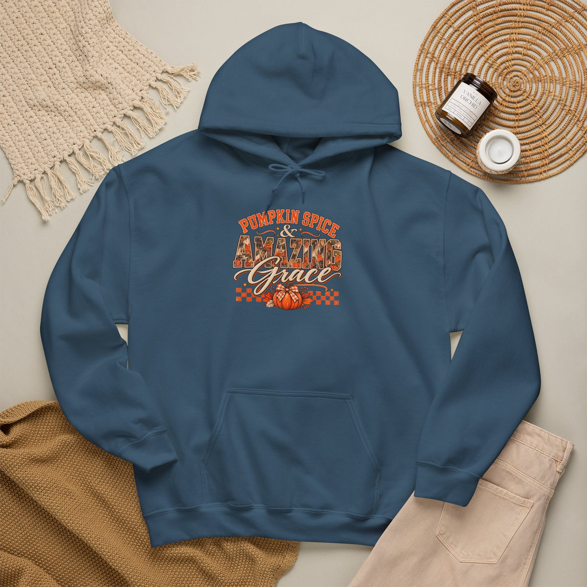 Pumpkin Spice And Amazing Grace | Premium Boutique Pullover Hoodie Fall Christian Faith Graphic Autumn Pumpkin Inspirational Top