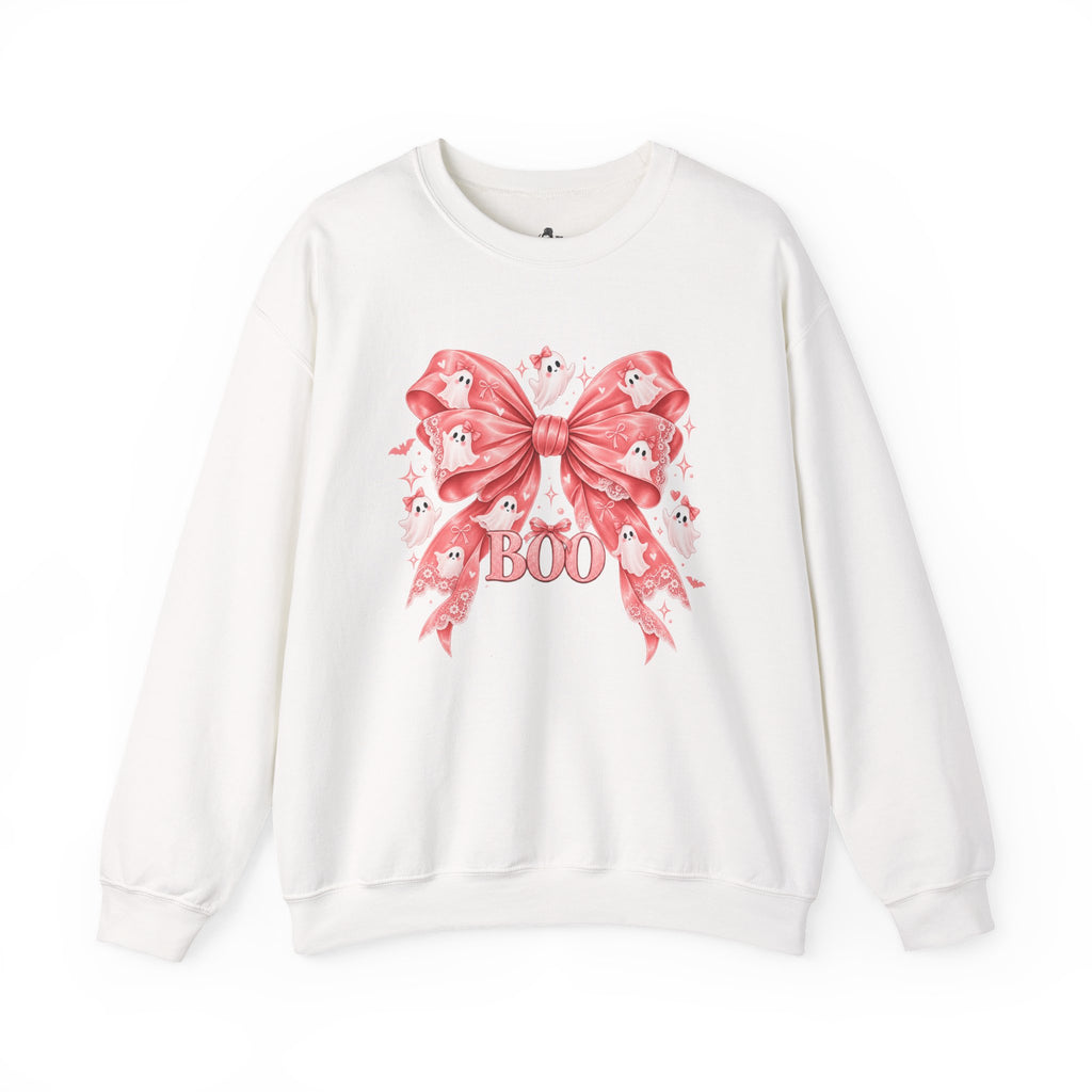 Boo | Premium Boutique Crewneck Sweatshirt Halloween Pink Ghost Bow Graphic Feminine Spooky Fashion Top