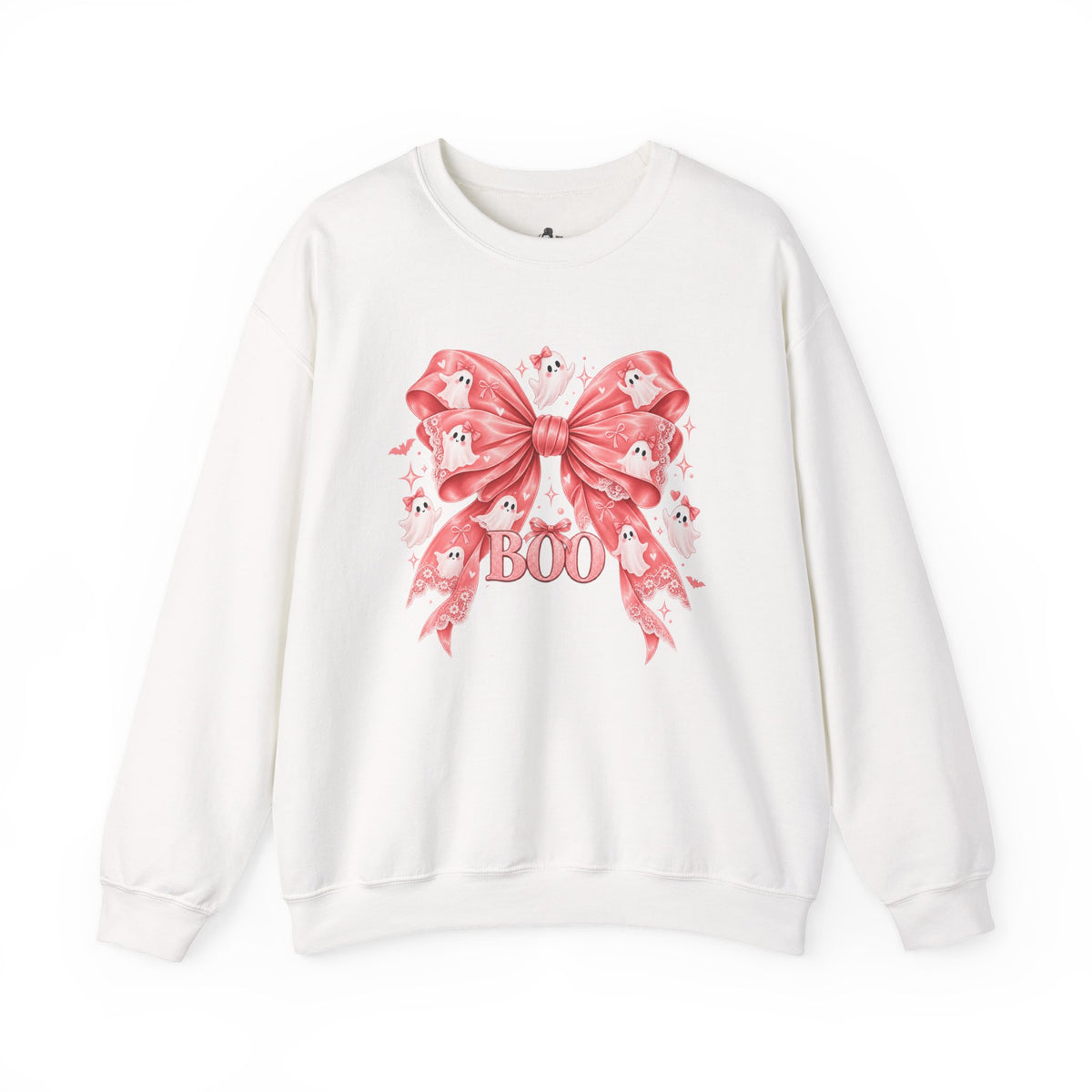 Boo | Premium Boutique Crewneck Sweatshirt Halloween Pink Ghost Bow Graphic Feminine Spooky Fashion Top