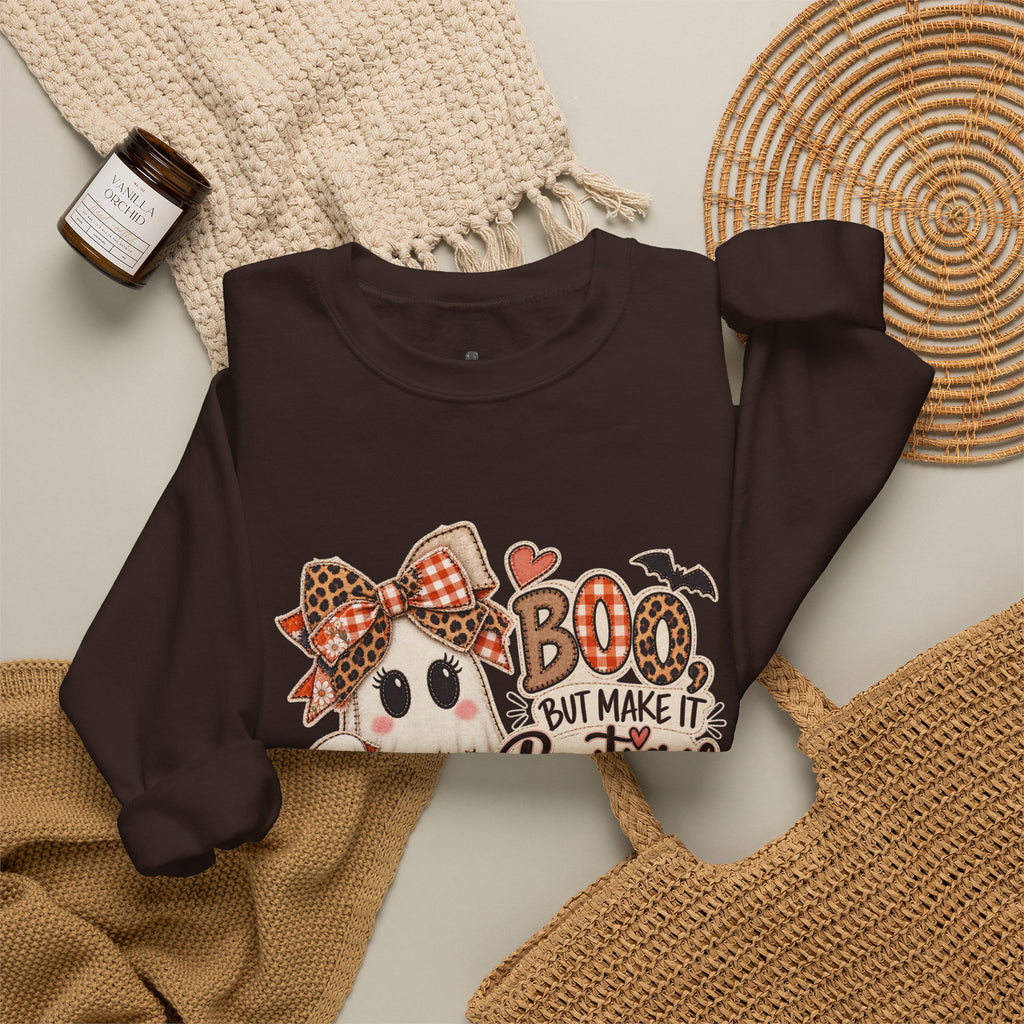 Boo But Make It Boutique | Premium Boutique Crewneck Sweatshirt Halloween Patchwork Ghost Graphic Cute Fall Bow Spooky Top