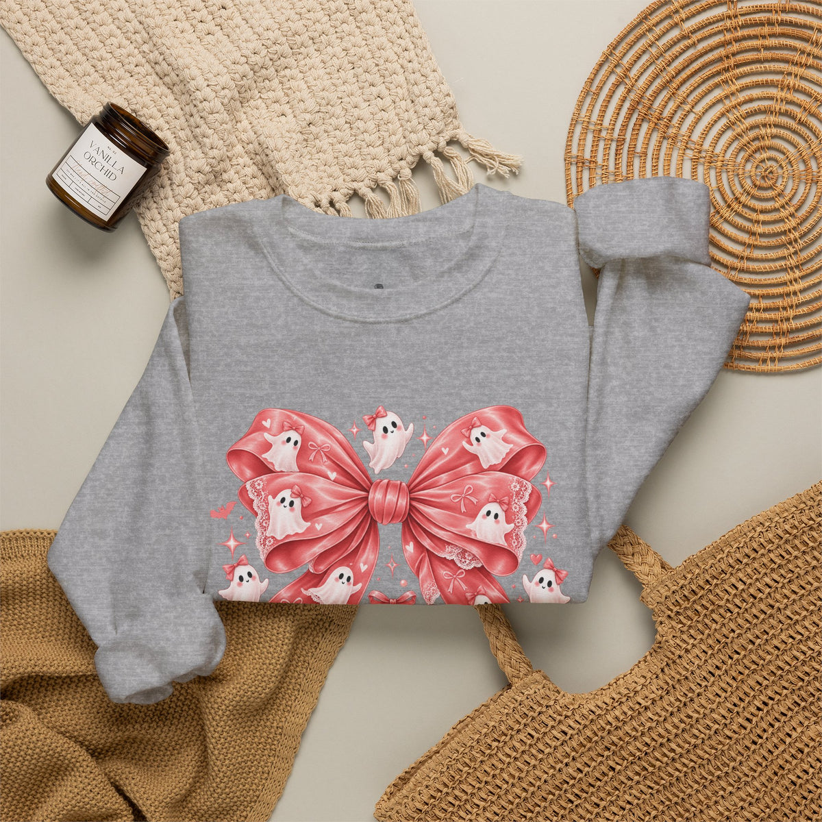 Boo | Premium Boutique Crewneck Sweatshirt Halloween Pink Ghost Bow Graphic Feminine Spooky Fashion Top