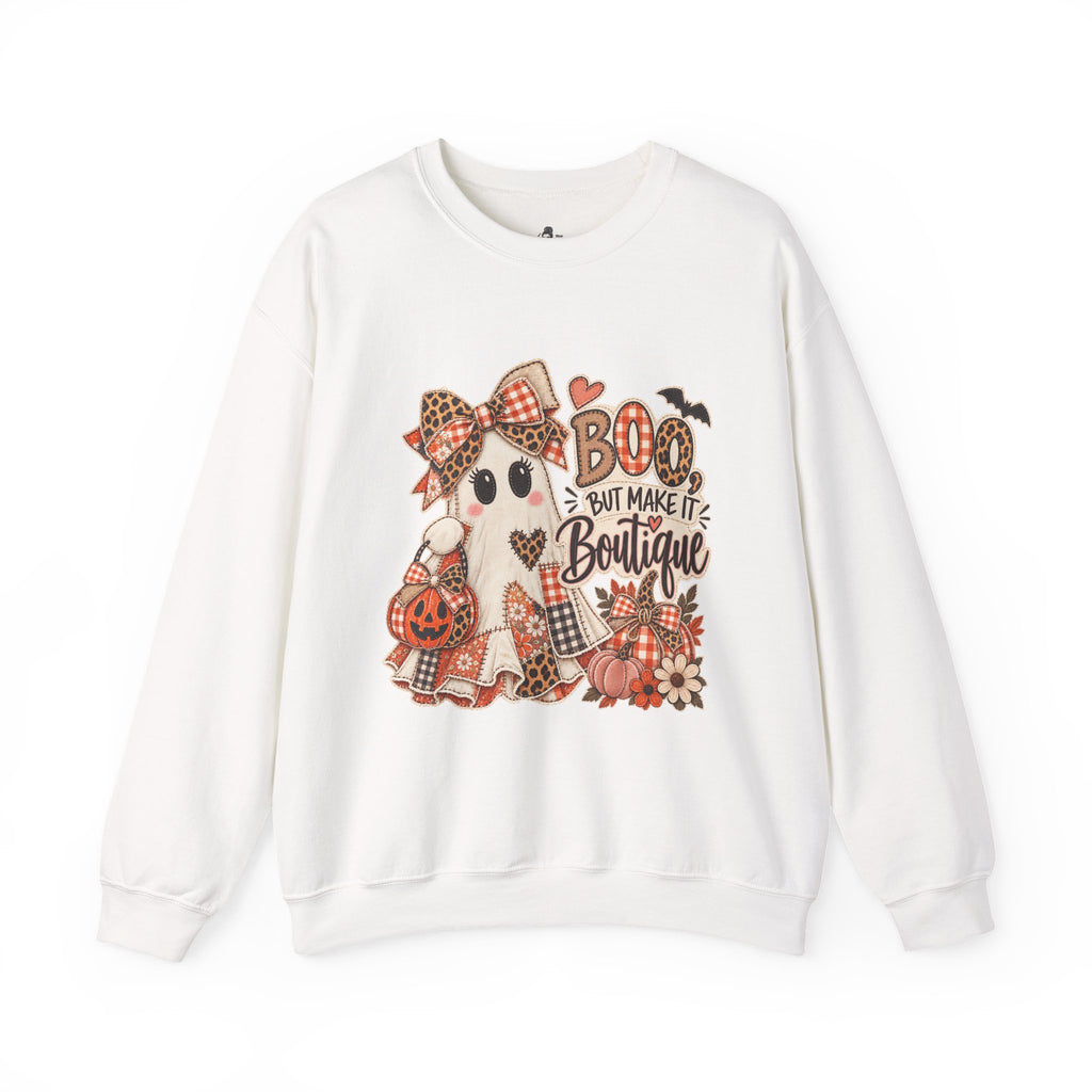 Boo But Make It Boutique | Premium Boutique Crewneck Sweatshirt Halloween Patchwork Ghost Graphic Cute Fall Bow Spooky Top