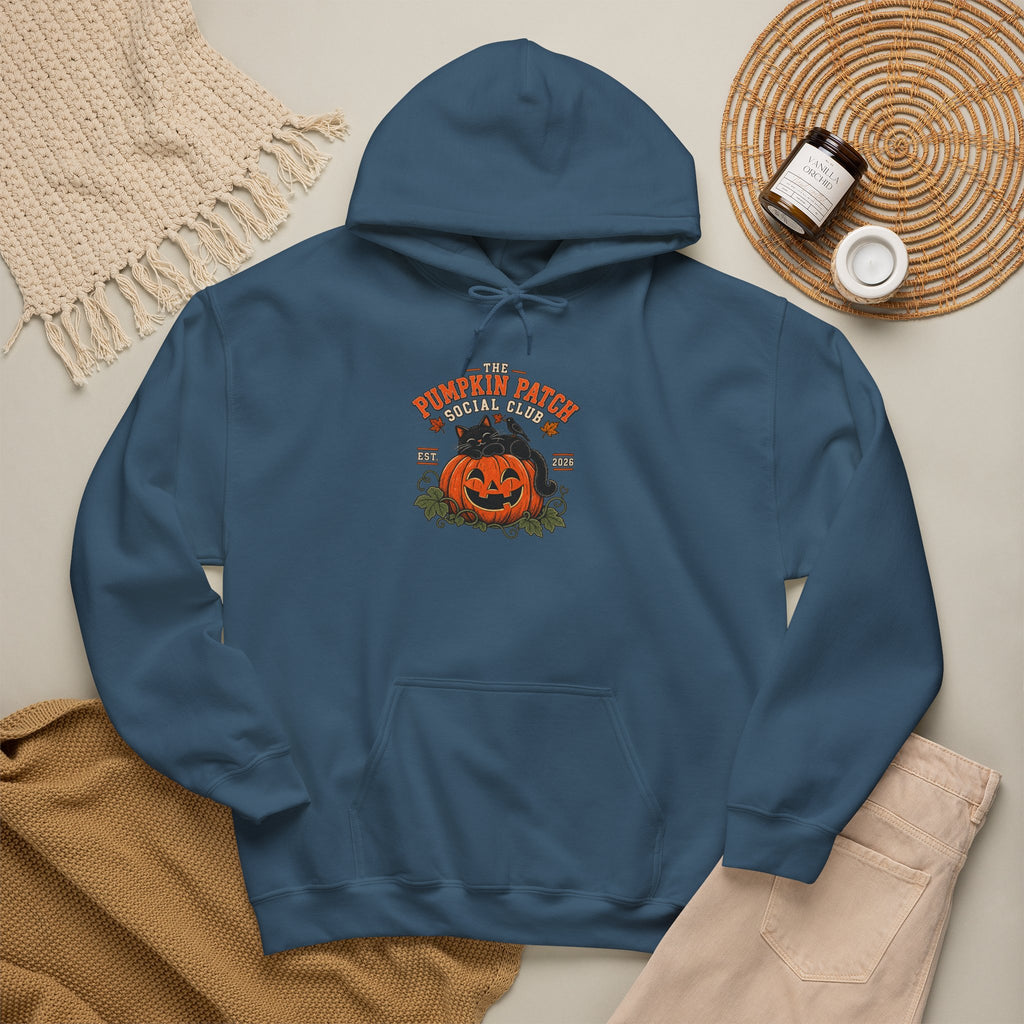 The Pumpkin Patch Social Club | Premium Boutique Pullover Hoodie Fall Vintage Black Cat Halloween Graphic Autumn Pumpkin Top