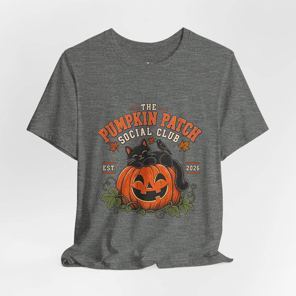 The Pumpkin Patch Social Club | Premium Boutique Unisex T-Shirt Fall Vintage Black Cat Halloween Graphic Autumn Pumpkin Top