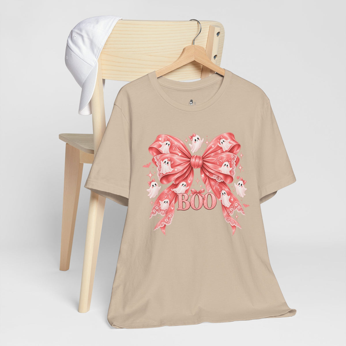 Boo | Premium Boutique Unisex T-Shirt Halloween Pink Ghost Bow Graphic Feminine Spooky Fashion Top
