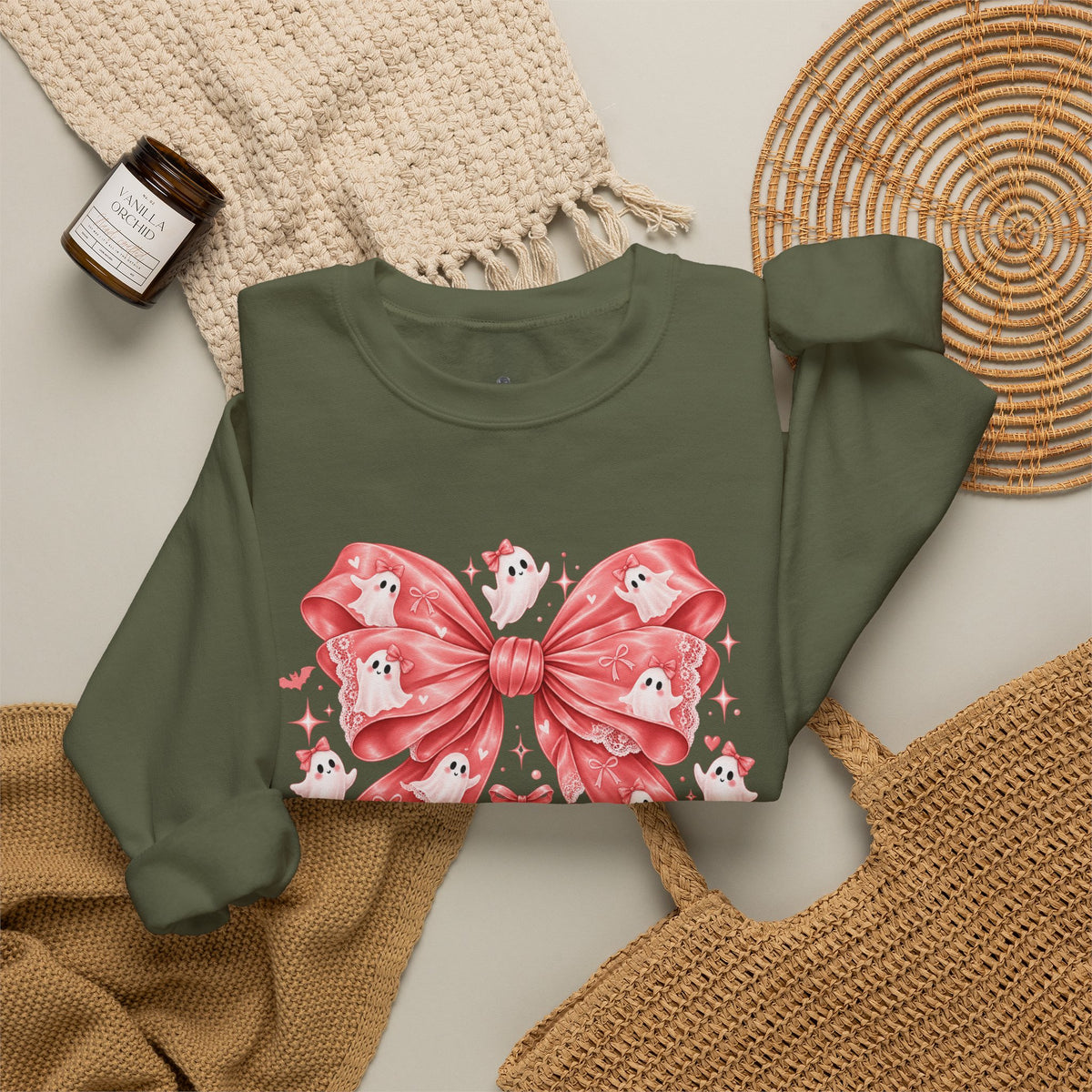 Boo | Premium Boutique Crewneck Sweatshirt Halloween Pink Ghost Bow Graphic Feminine Spooky Fashion Top
