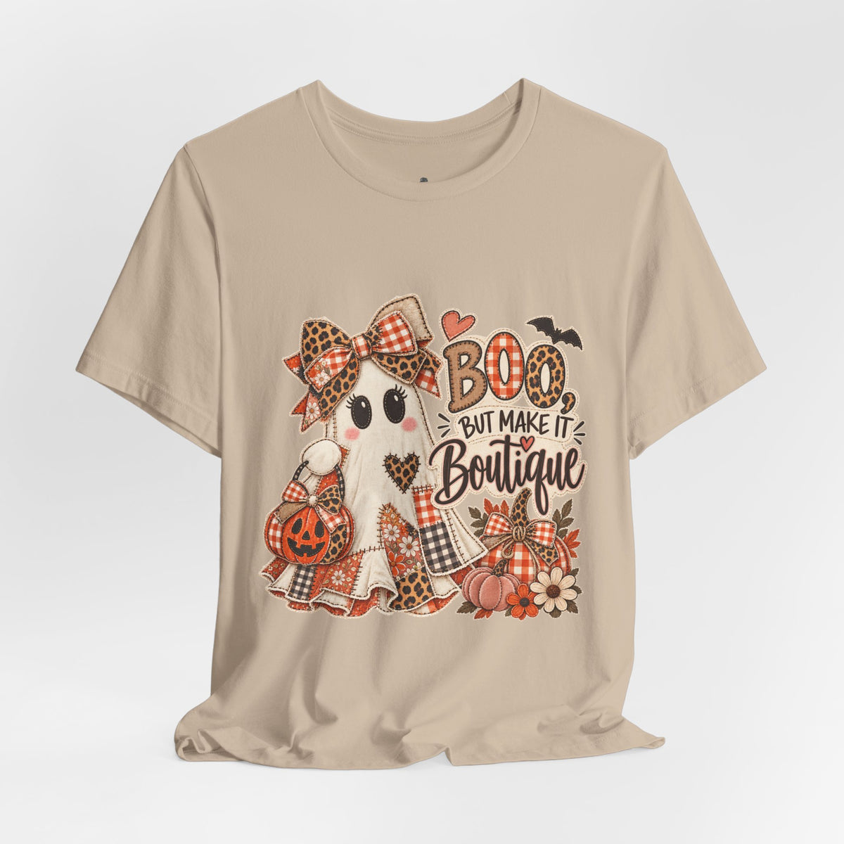 Boo But Make It Boutique | Premium Boutique Unisex T-Shirt Halloween Patchwork Ghost Graphic Cute Fall Bow Spooky Top