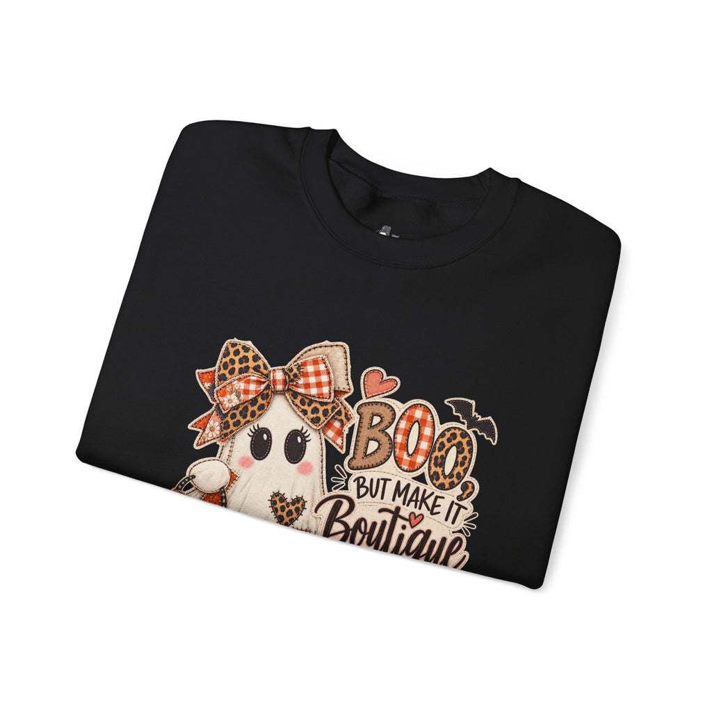Boo But Make It Boutique | Premium Boutique Crewneck Sweatshirt Halloween Patchwork Ghost Graphic Cute Fall Bow Spooky Top
