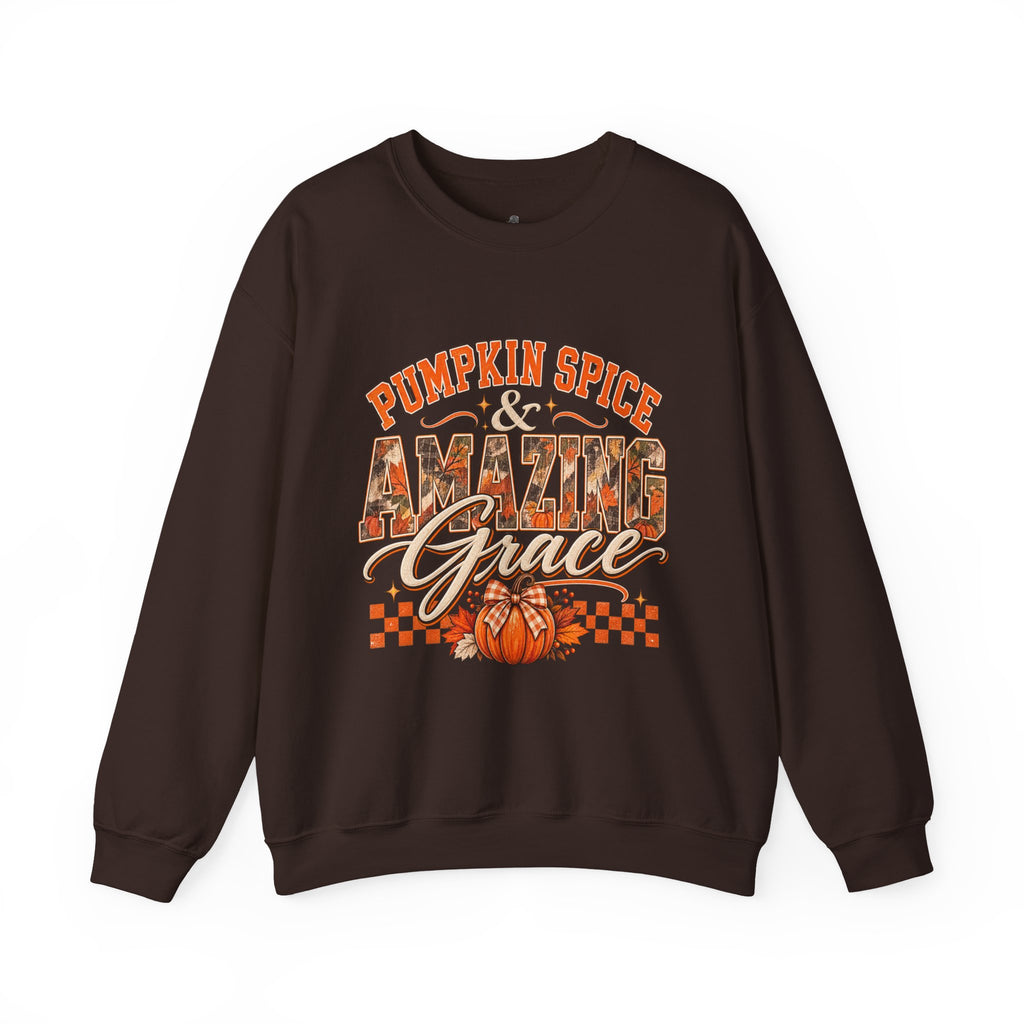 Pumpkin Spice And Amazing Grace | Premium Boutique Crewneck Sweatshirt Fall Christian Faith Graphic Autumn Pumpkin Inspirational Top