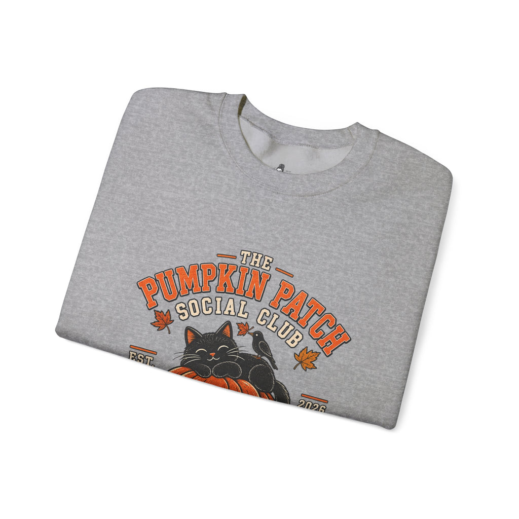 The Pumpkin Patch Social Club | Premium Boutique Crewneck Sweatshirt Fall Vintage Black Cat Halloween Graphic Autumn Pumpkin Top