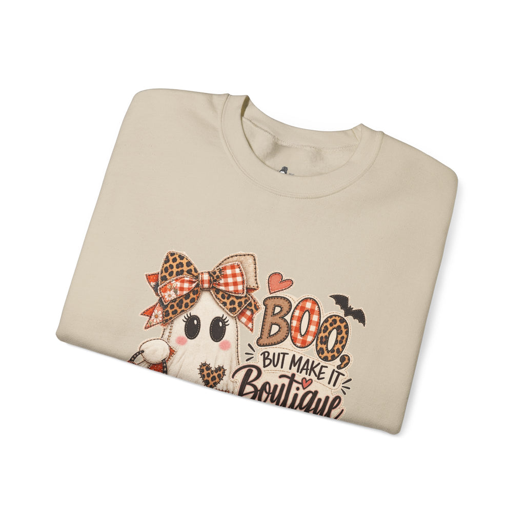 Boo But Make It Boutique | Premium Boutique Crewneck Sweatshirt Halloween Patchwork Ghost Graphic Cute Fall Bow Spooky Top