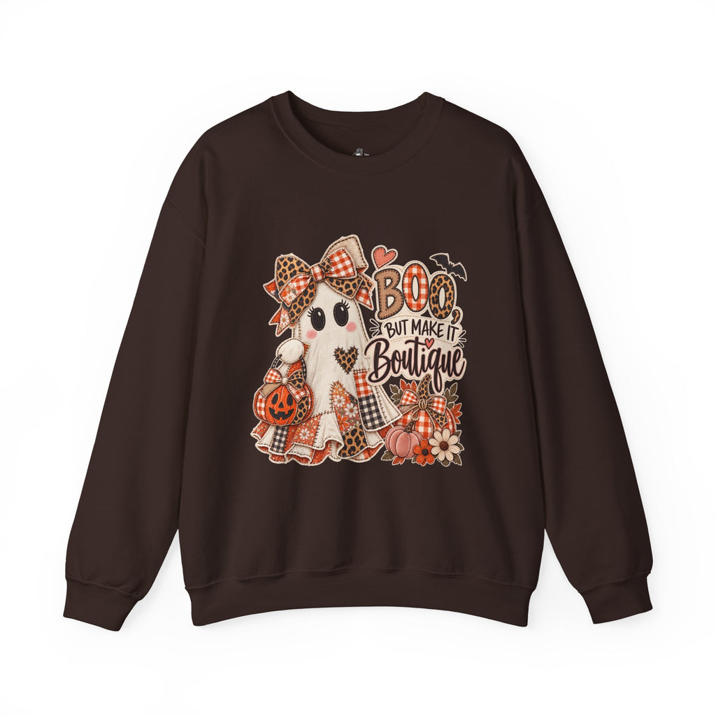 Boo But Make It Boutique | Premium Boutique Crewneck Sweatshirt Halloween Patchwork Ghost Graphic Cute Fall Bow Spooky Top
