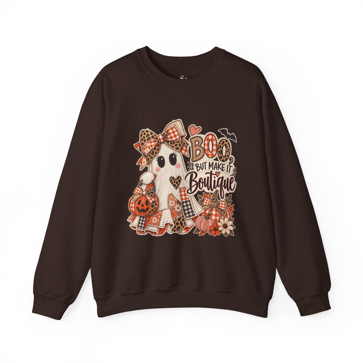 Boo But Make It Boutique | Premium Boutique Crewneck Sweatshirt Halloween Patchwork Ghost Graphic Cute Fall Bow Spooky Top