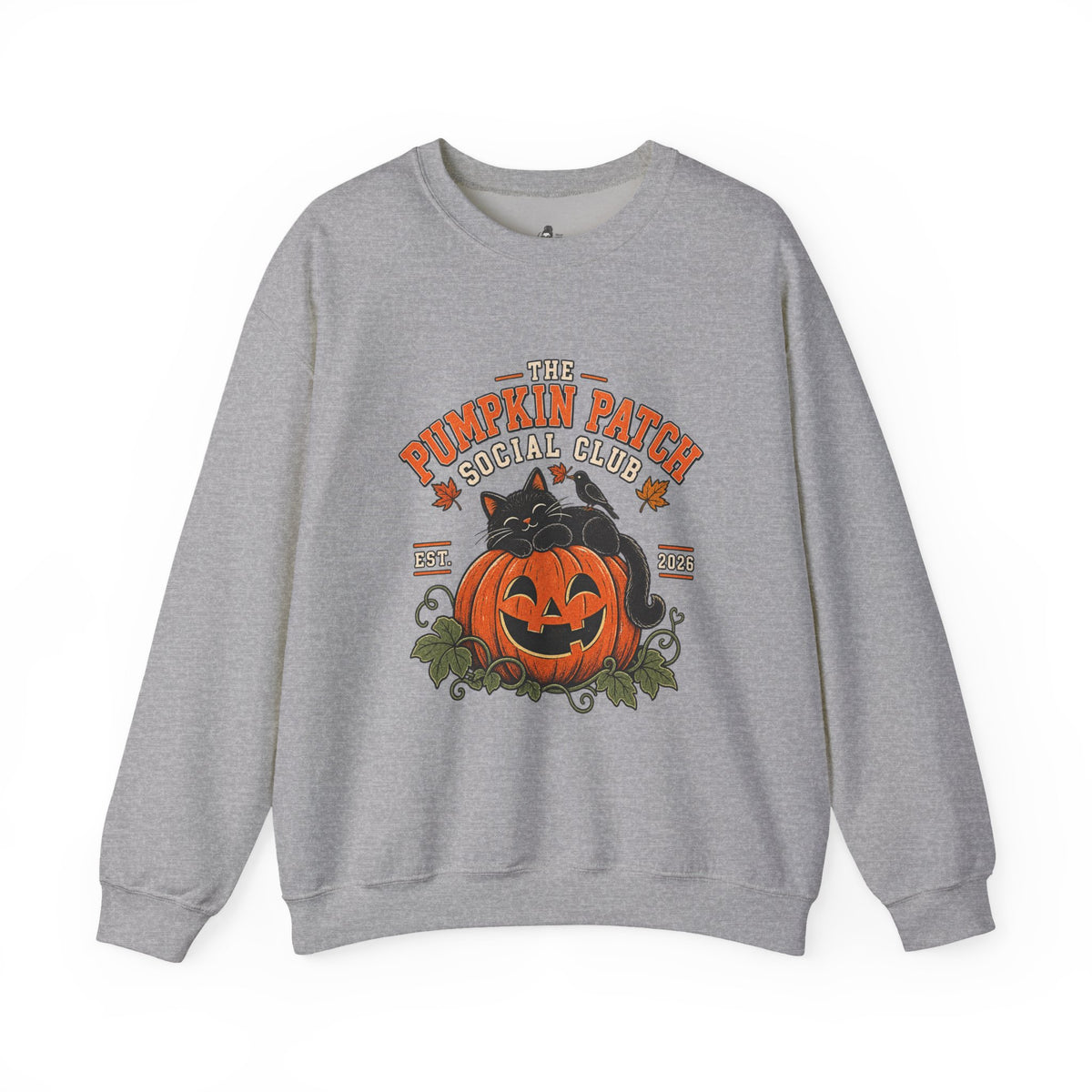 The Pumpkin Patch Social Club | Premium Boutique Crewneck Sweatshirt Fall Vintage Black Cat Halloween Graphic Autumn Pumpkin Top