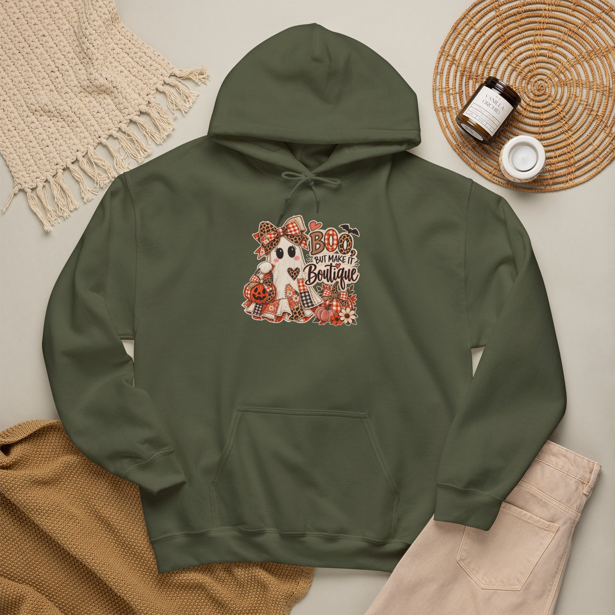 Boo But Make It Boutique | Premium Boutique Pullover Hoodie Halloween Patchwork Ghost Graphic Cute Fall Bow Spooky Top