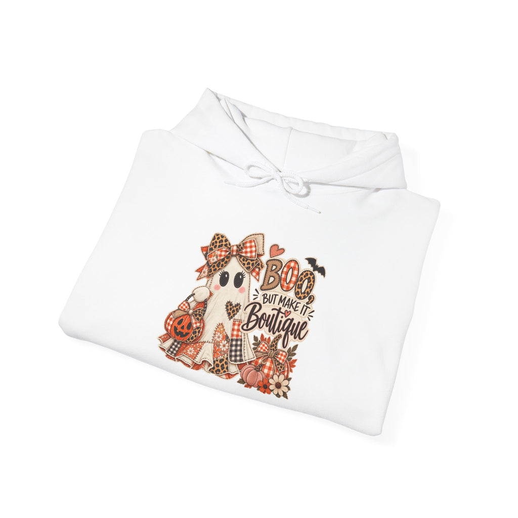 Boo But Make It Boutique | Premium Boutique Pullover Hoodie Halloween Patchwork Ghost Graphic Cute Fall Bow Spooky Top