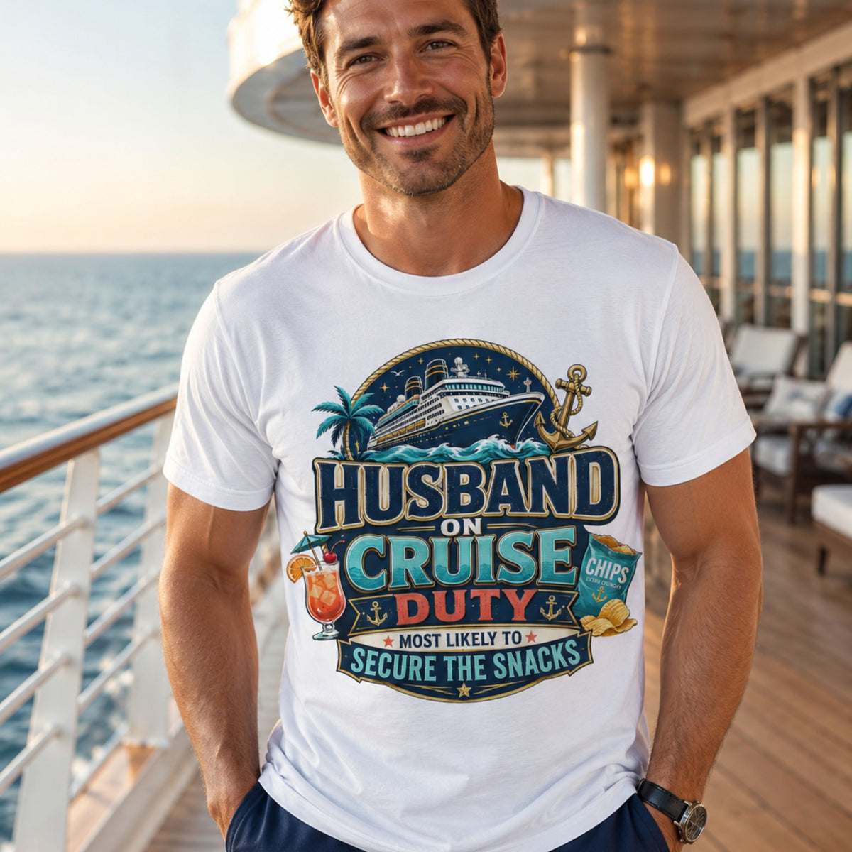 Husband on Cruise Duty Snacks Secured Shirt, Funny Mens Vacation Tee | Cruise Travel Collection